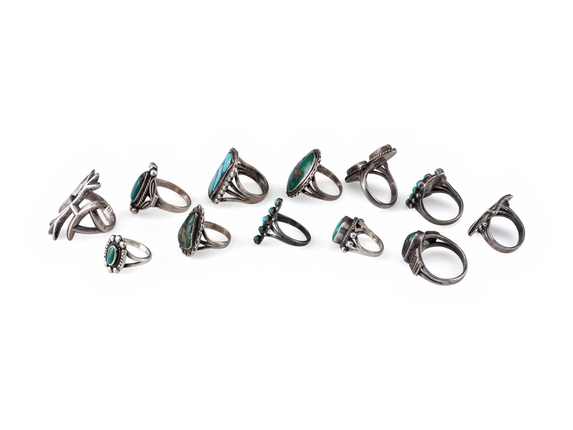 An Assortment of Navajo and Zuni Silver and Turquoise Rings