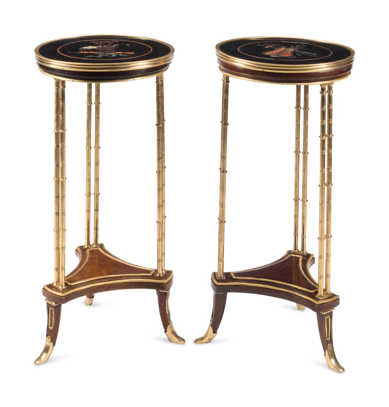 A Pair of French Neoclassical Style Gilt Bronze and Lacquer Tables