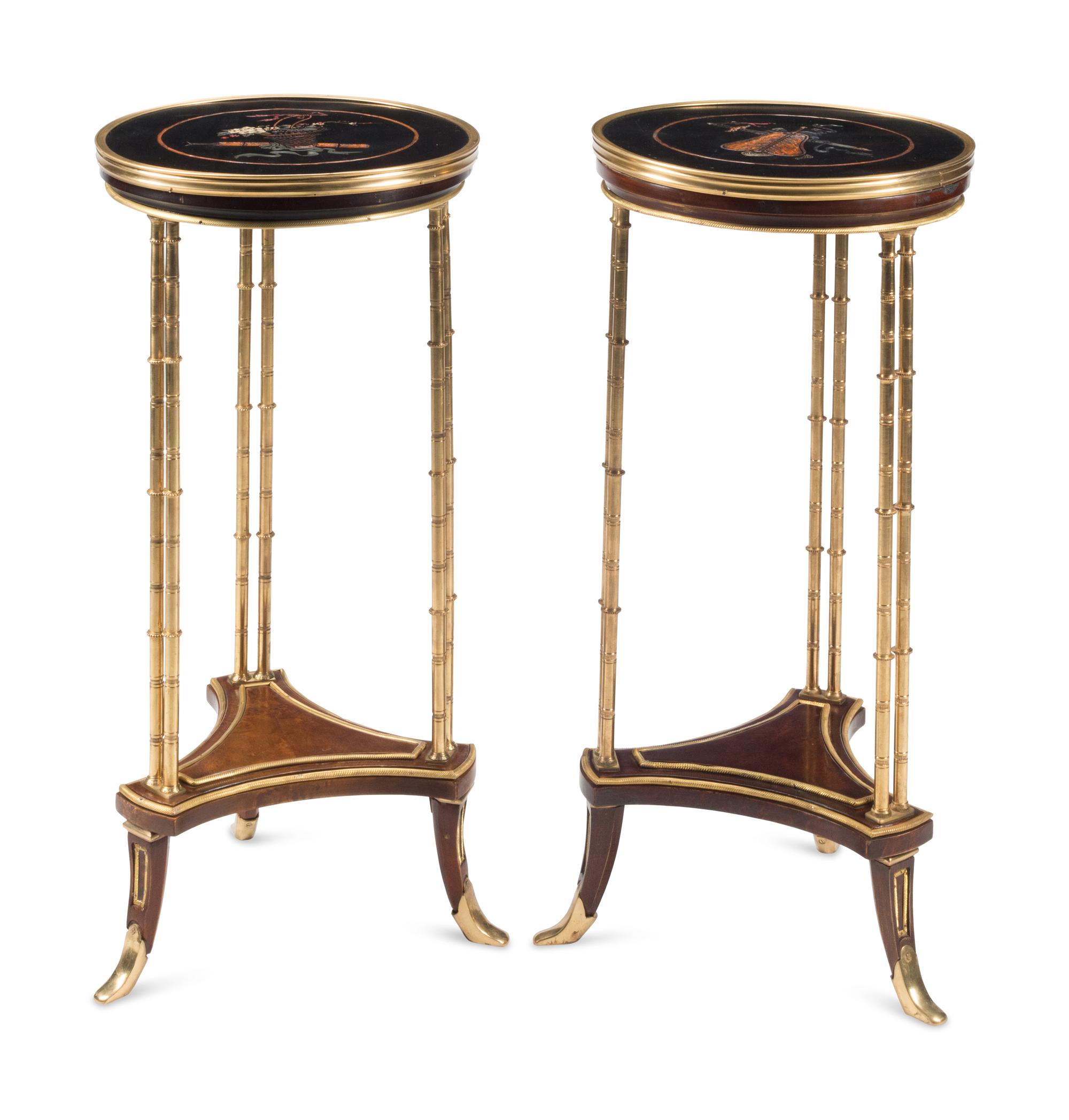 A Pair of French Neoclassical Style Gilt Bronze and Lacquer Tables