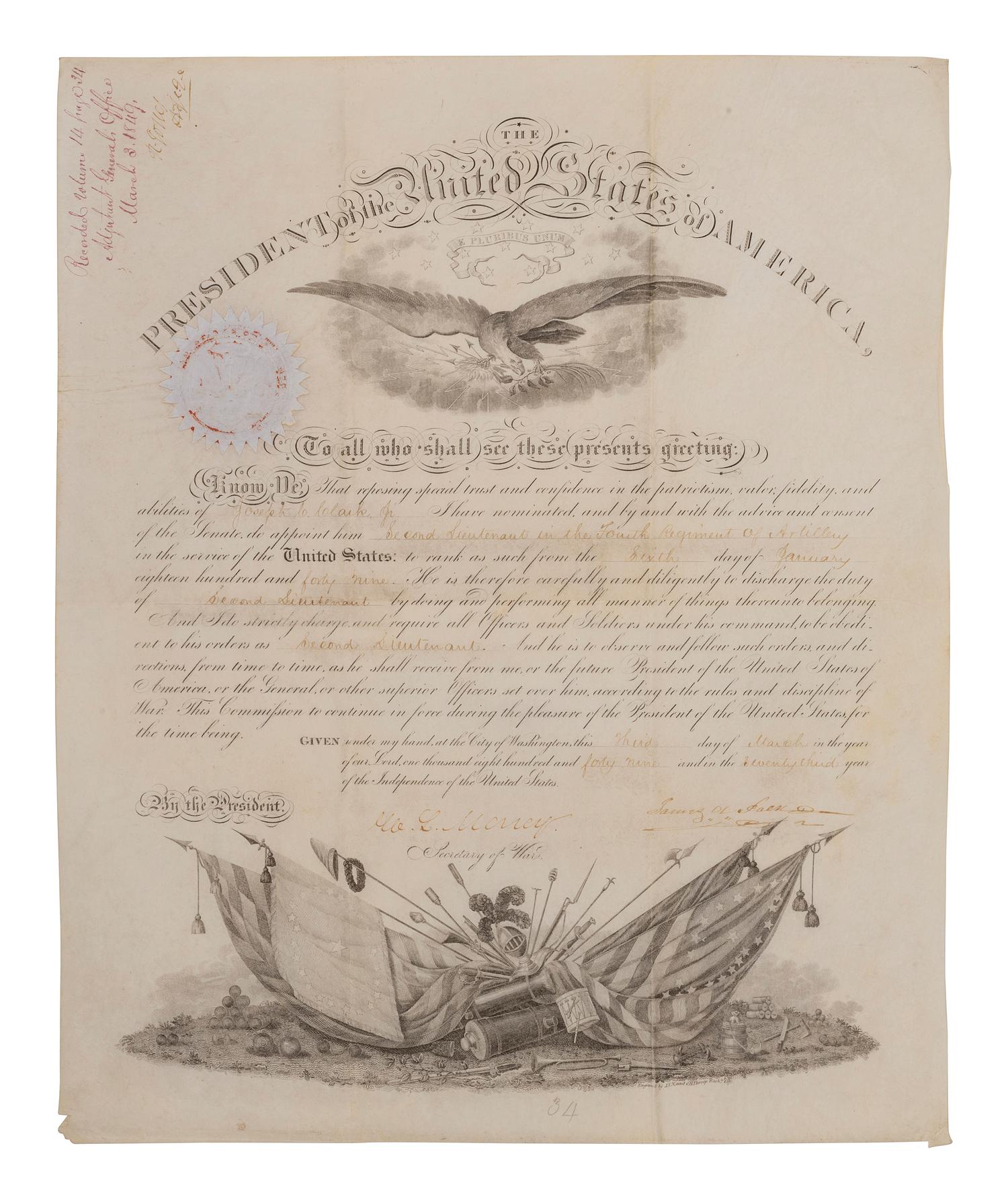 [WESTERN AMERICANA -- CIVIL WAR -- LINCOLN]. Papers of Captain Joseph Claypoole Clark, 4th US Light Artillery, Battery E, WIA Antietam, including frontier and Civil War correspondence, photography, and appointment signed by Lincoln as President.