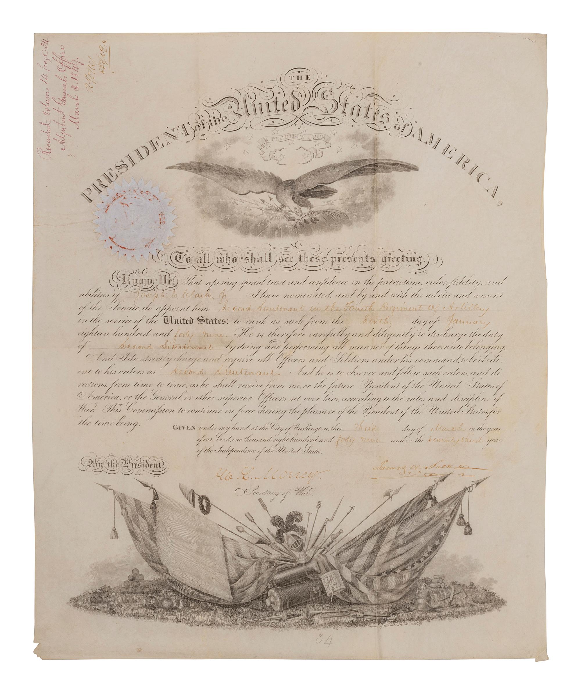 [WESTERN AMERICANA -- CIVIL WAR -- LINCOLN]. Papers of Captain Joseph Claypoole Clark, 4th US Light Artillery, Battery E, WIA Antietam, including frontier and Civil War correspondence, photography, and appointment signed by Lincoln as President.