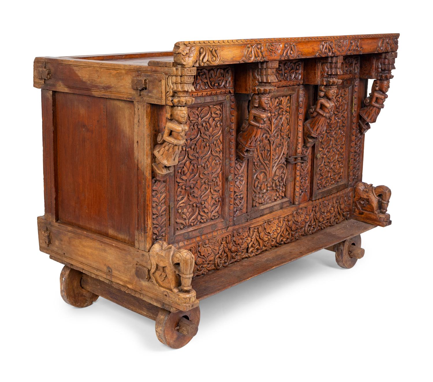 An Indian Carved Wood Traveling Trunk on Wheels — 19TH/20TH CENTURY