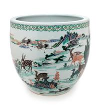 A Chinese Wucai Hunted Deer Porcelain Jar Height 14 1/2 inches.