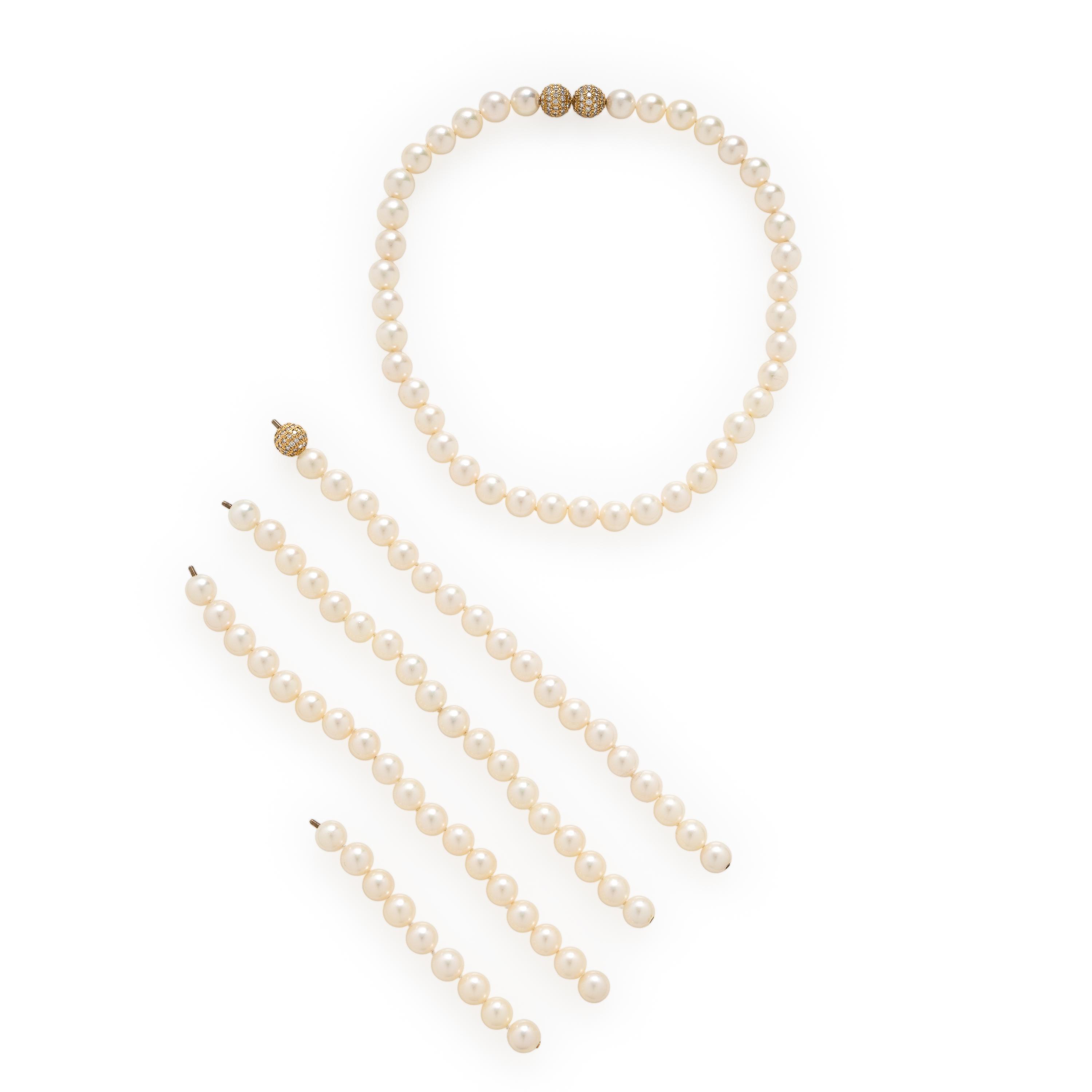 Cultured Pearl, Yellow Gold, and Diamond Convertible Necklace