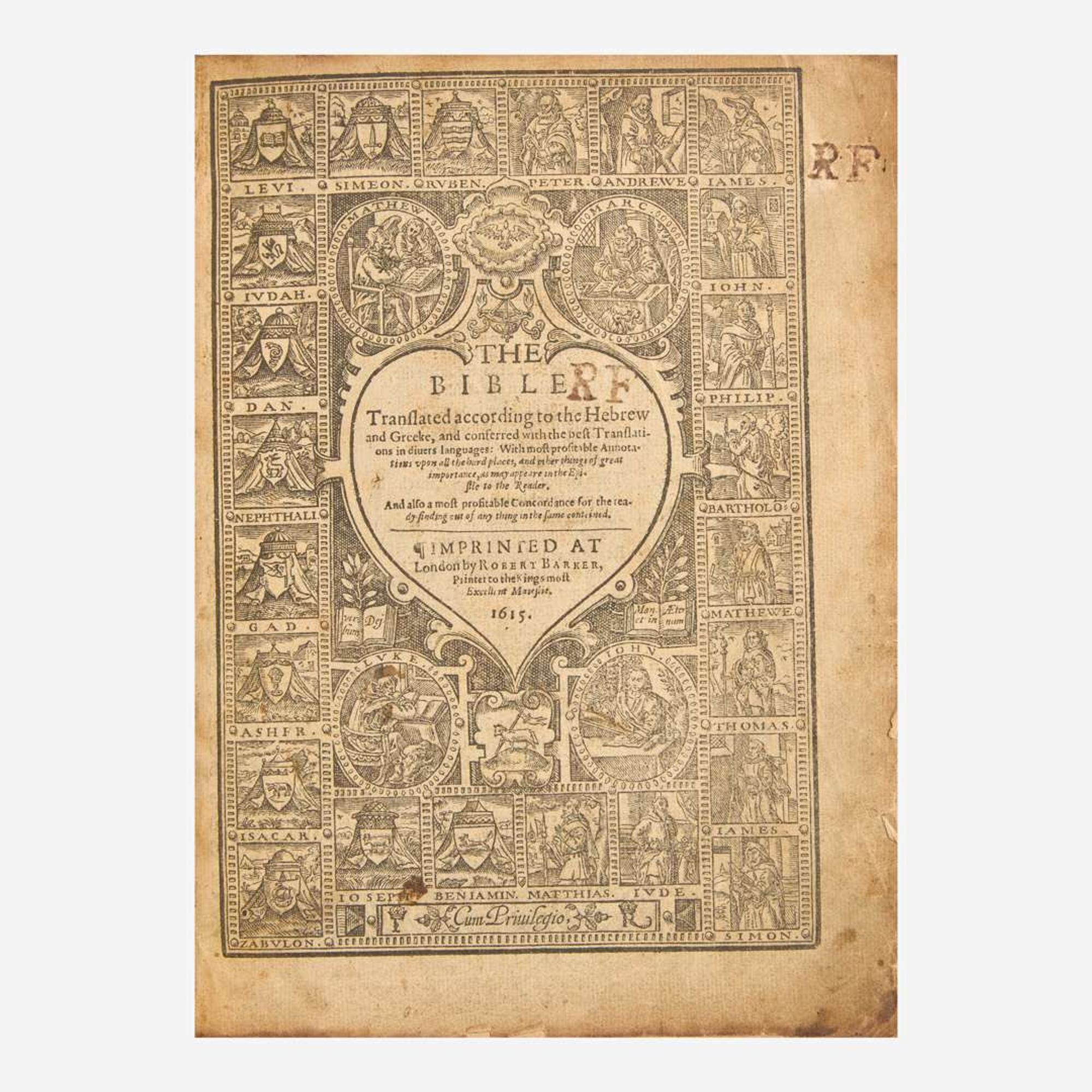 [Religion] [Barker, Robert] The Bible Translated according to the Hebrew and Greeke, and conferred with the best Translations in diuers languages...