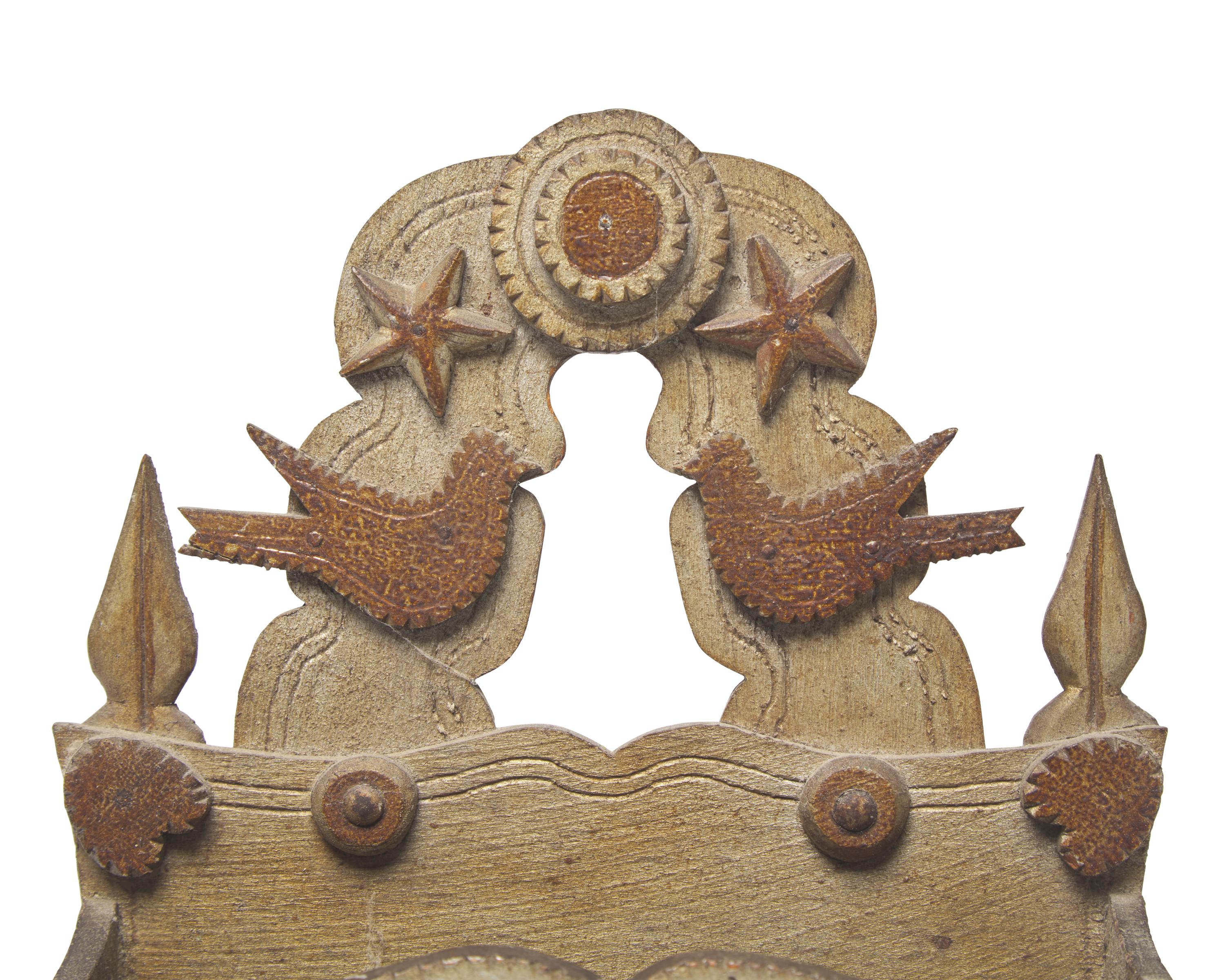 A Star, Fish, and Heart-Carved and Painted Wall Pocket