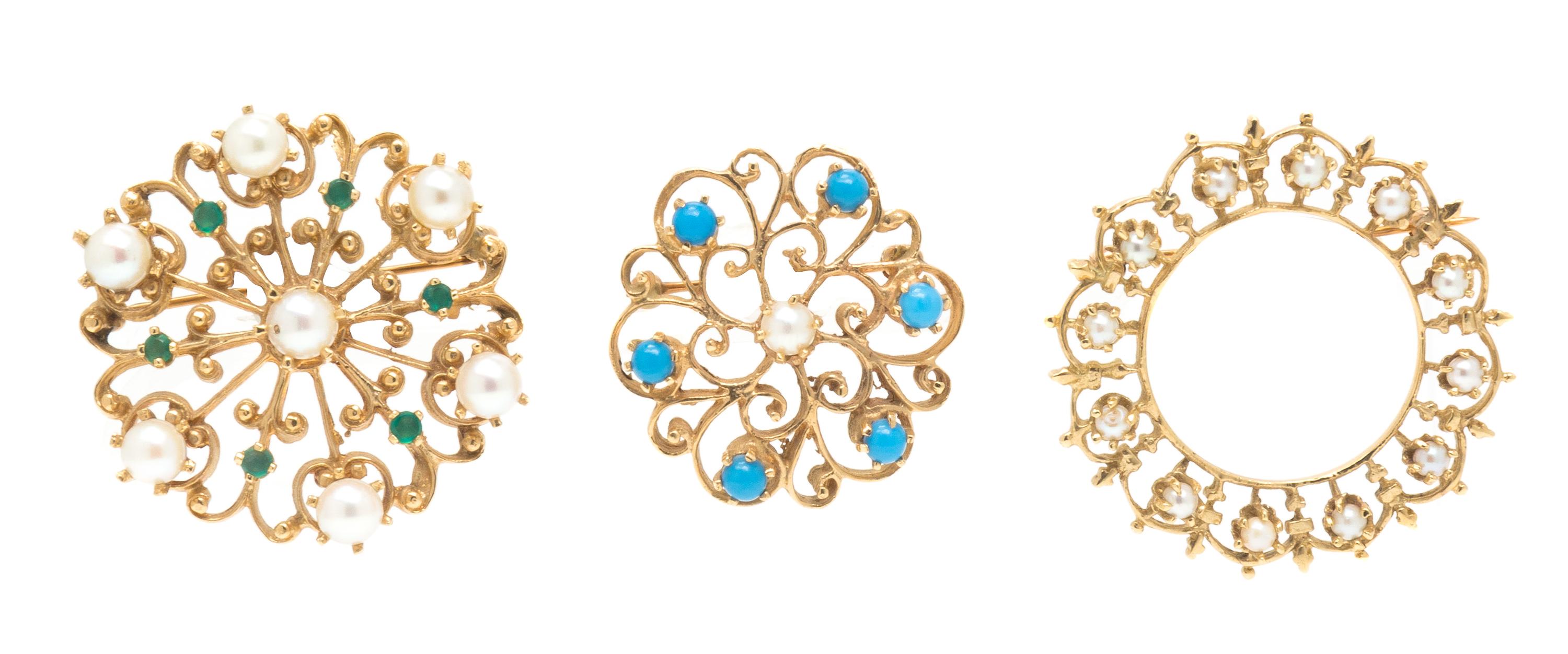 A Collection of Yellow Gold and Pearl Brooches, 17.60 dwts.