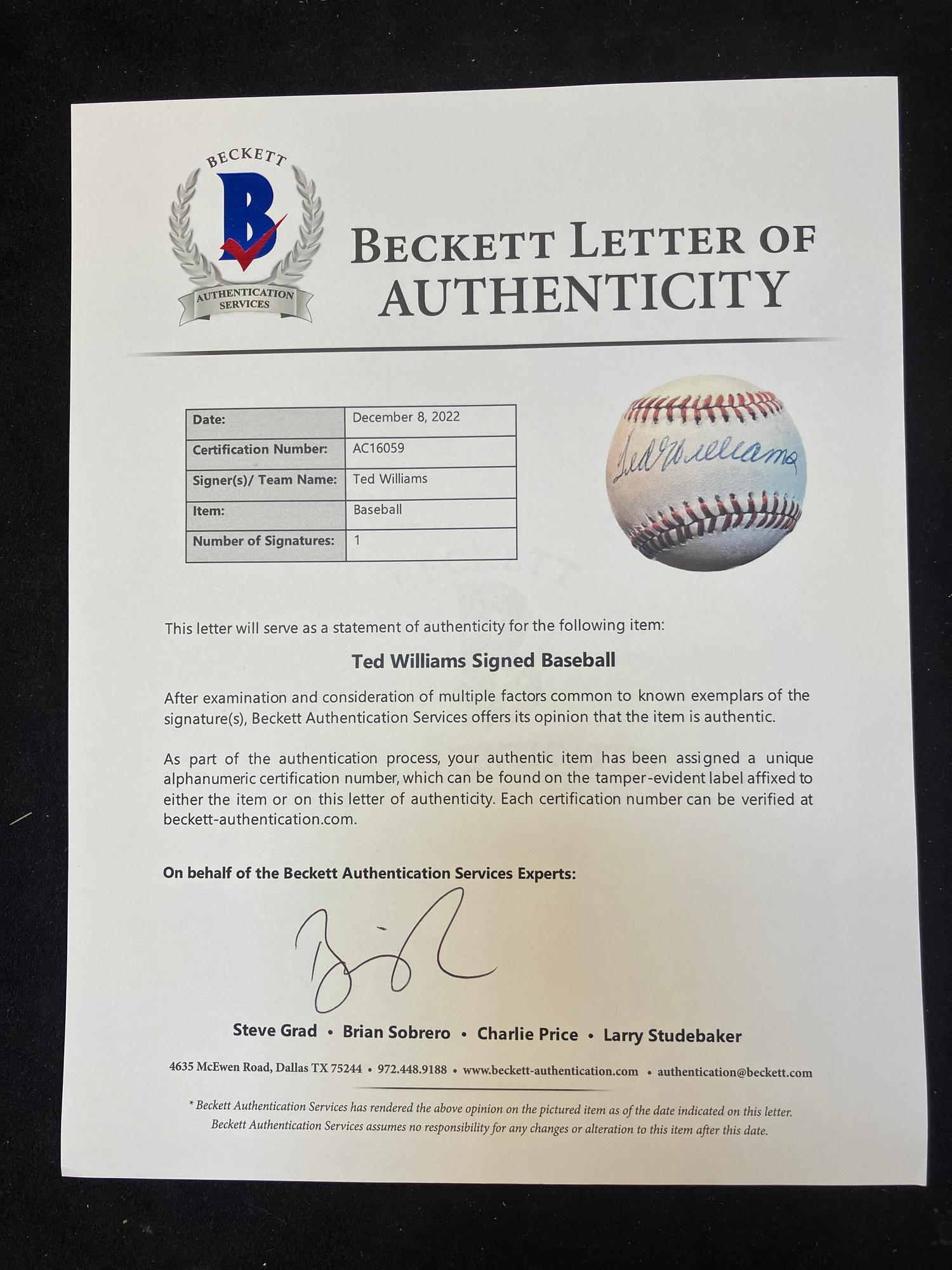 A Ted Williams Single Signed Autograph Baseball (Beckett Authentication Services Letter),