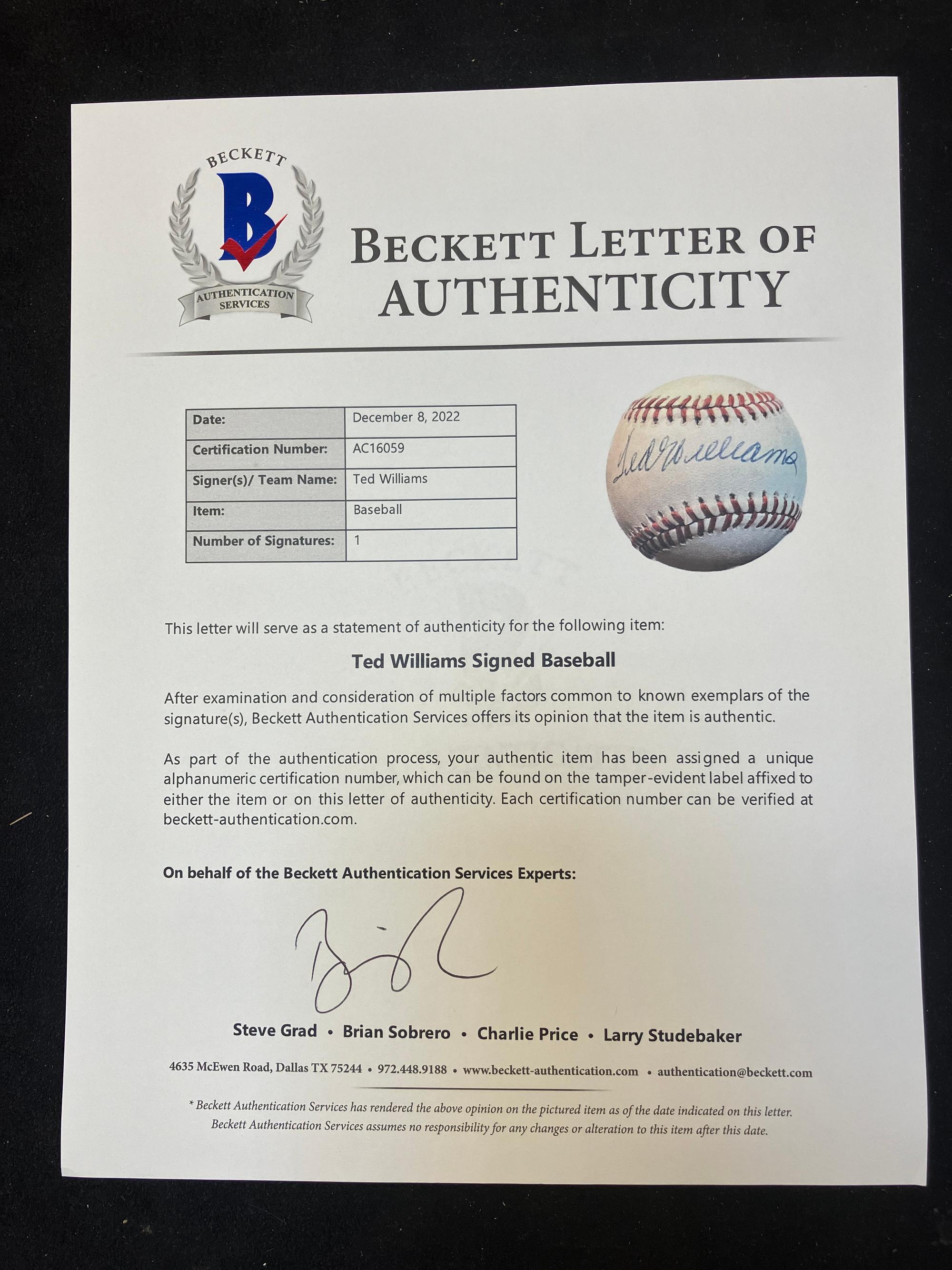 A Ted Williams Single Signed Autograph Baseball (Beckett Authentication Services Letter),