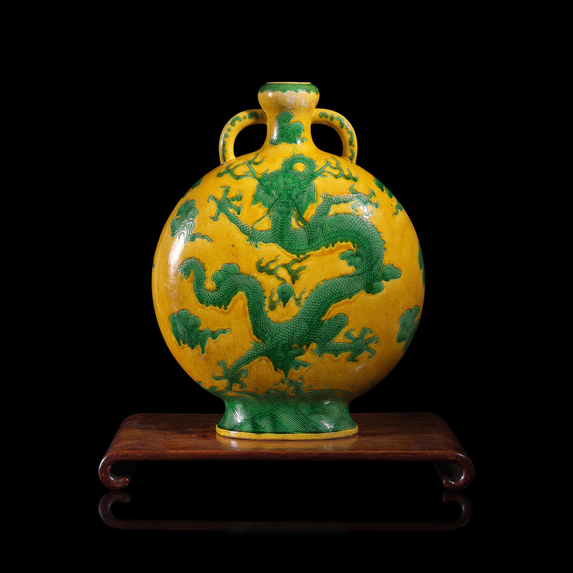An Impressive Chinese Green Enameled Yellow Ground Porcelain 'Dragon' Moon Flask, Qing Dynasty — 清 黃地綠彩龍紋大抱月瓶