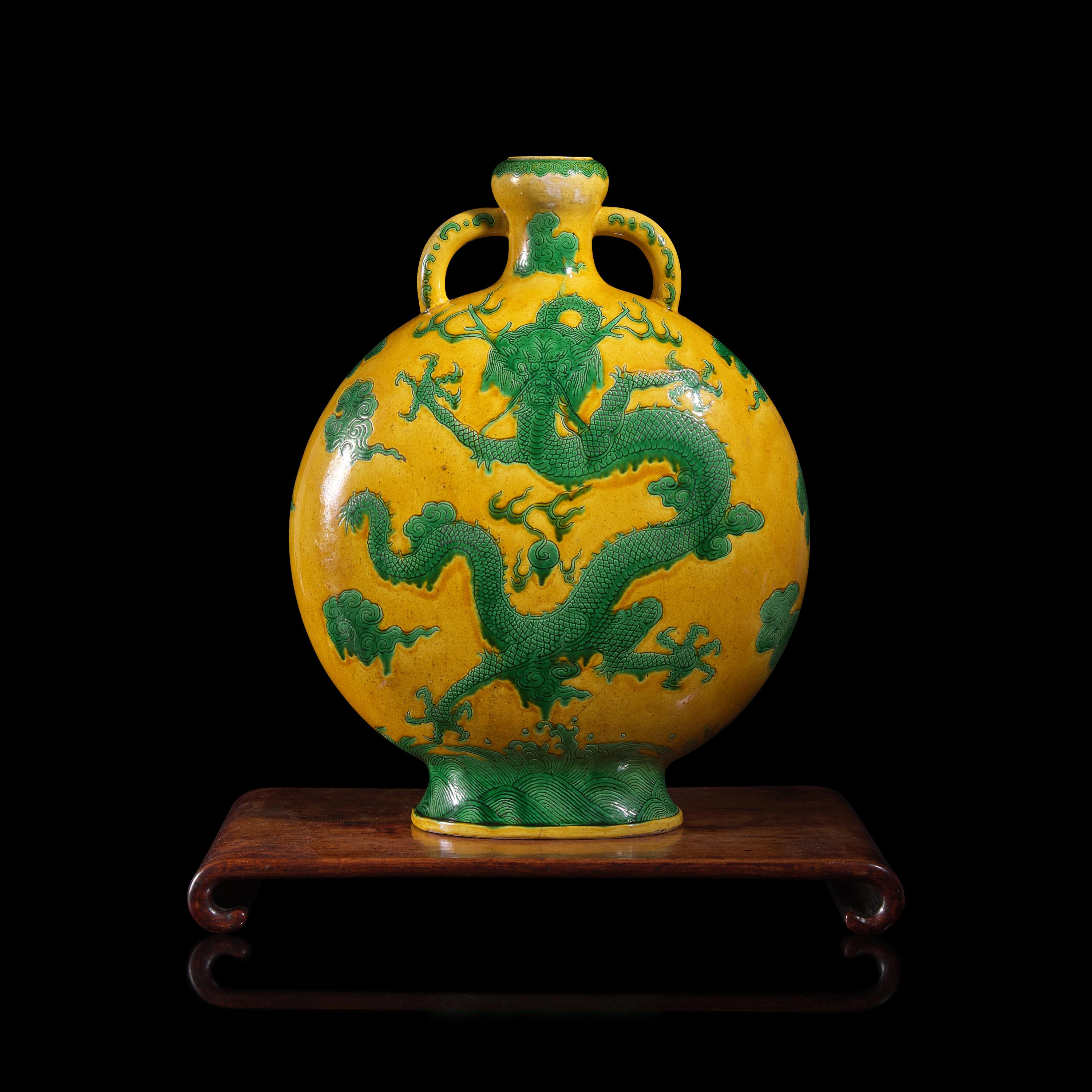 An Impressive Chinese Green Enameled Yellow Ground Porcelain 'Dragon' Moon Flask, Qing Dynasty — 清 黃地綠彩龍紋大抱月瓶