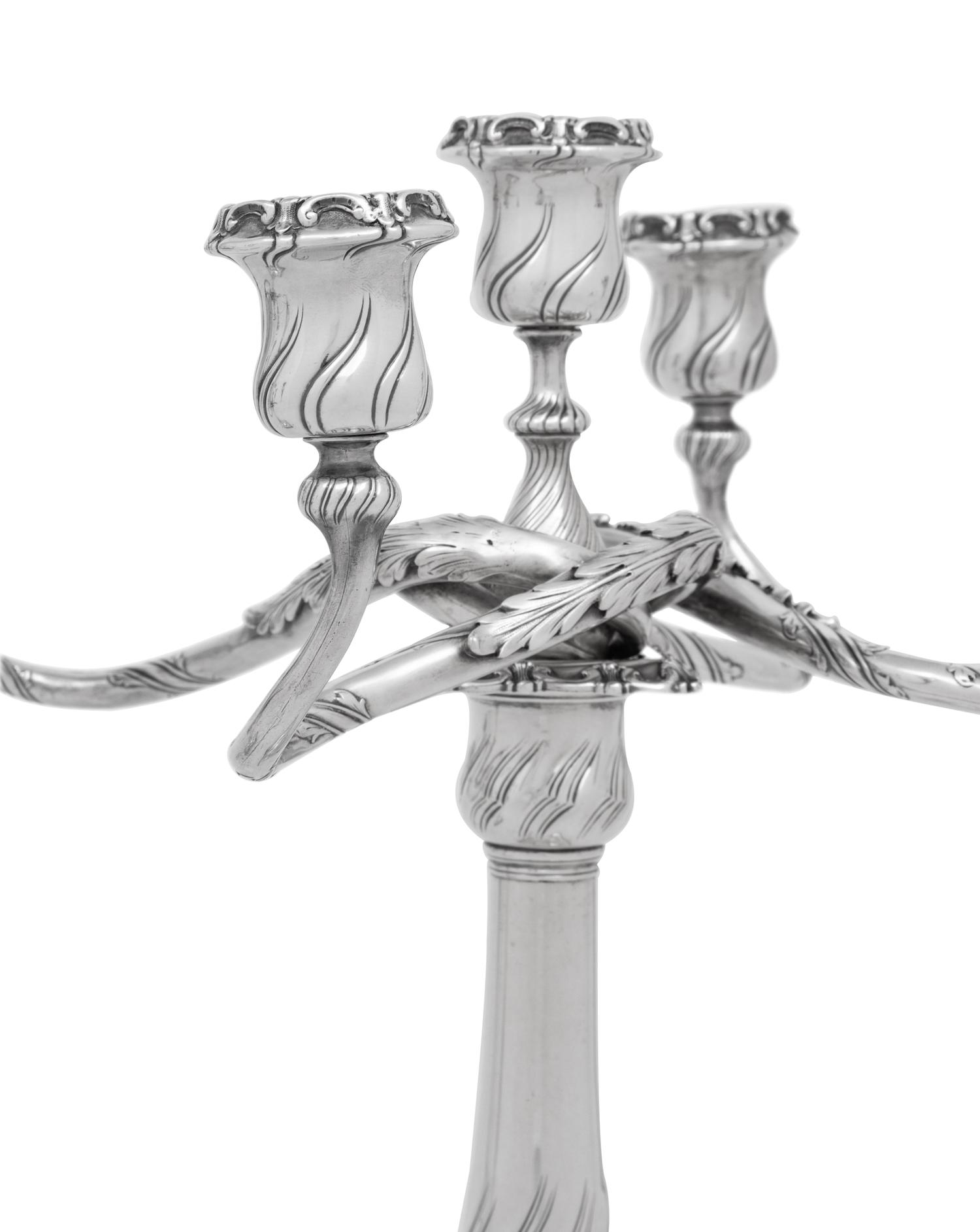 A Pair of Tiffany and Co. Silver Five-Light Candelabra