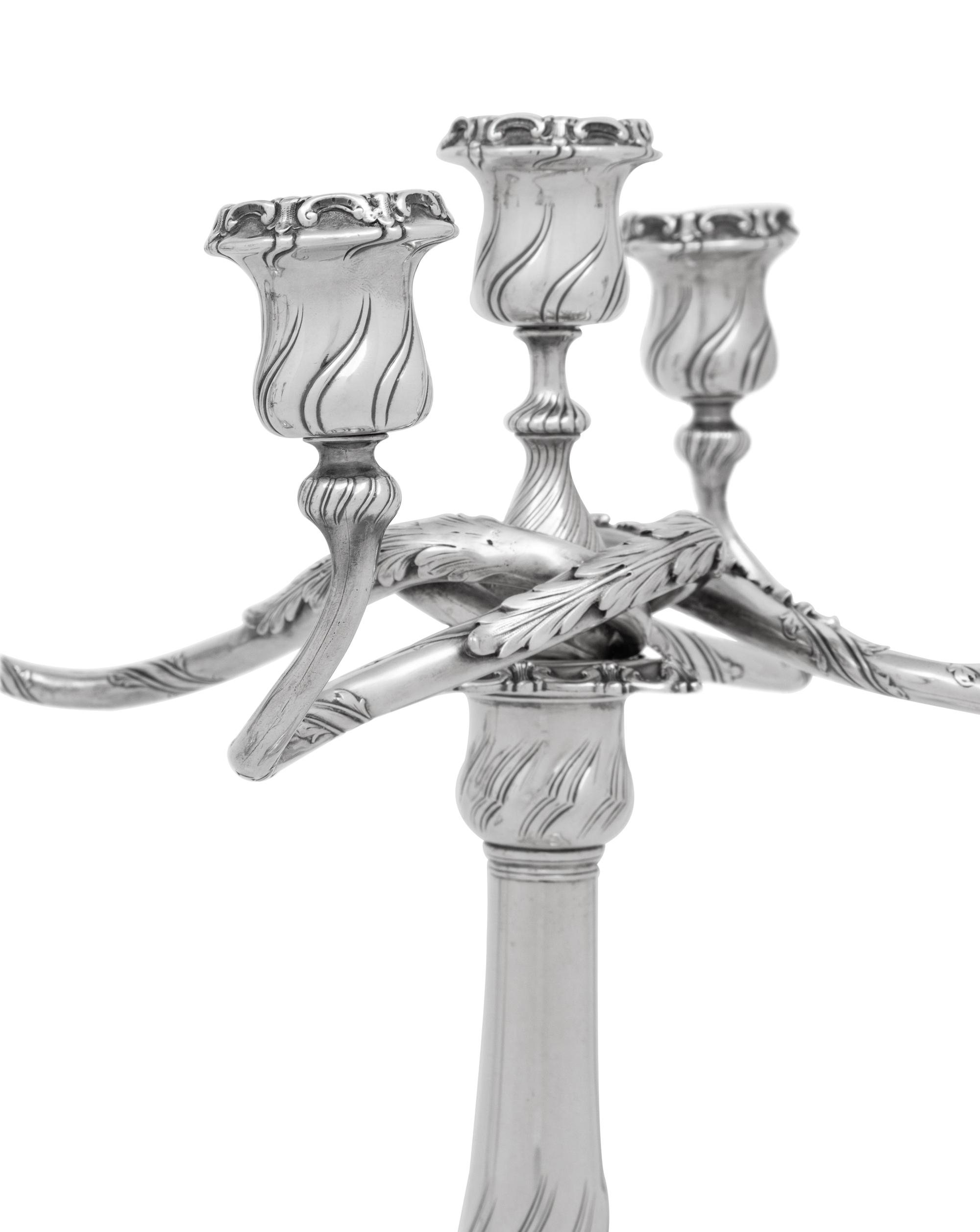 A Pair of Tiffany and Co. Silver Five-Light Candelabra