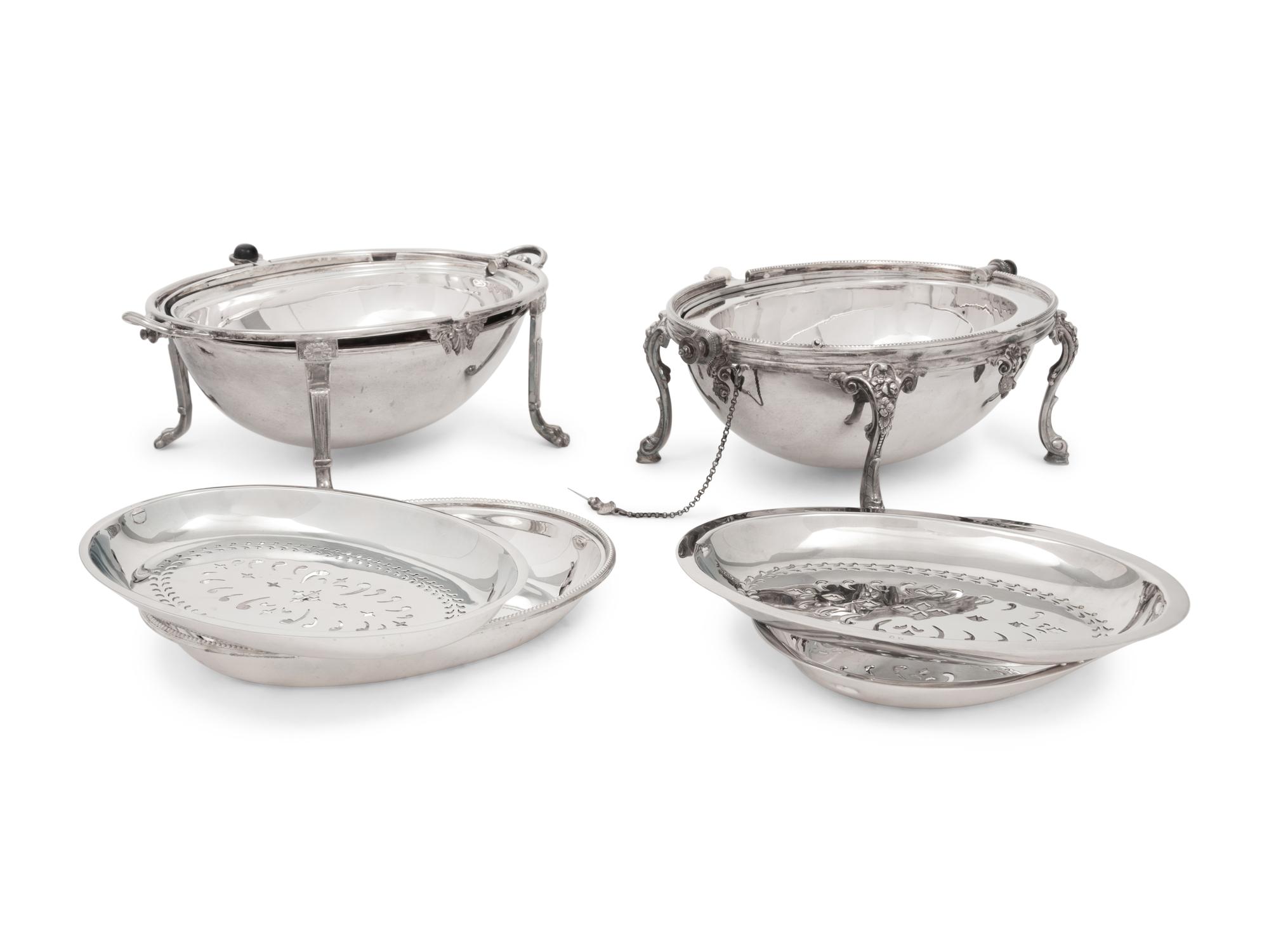 A Pair of Silver-Plate Sauce Tureens and Two Silver-Plate Warmers