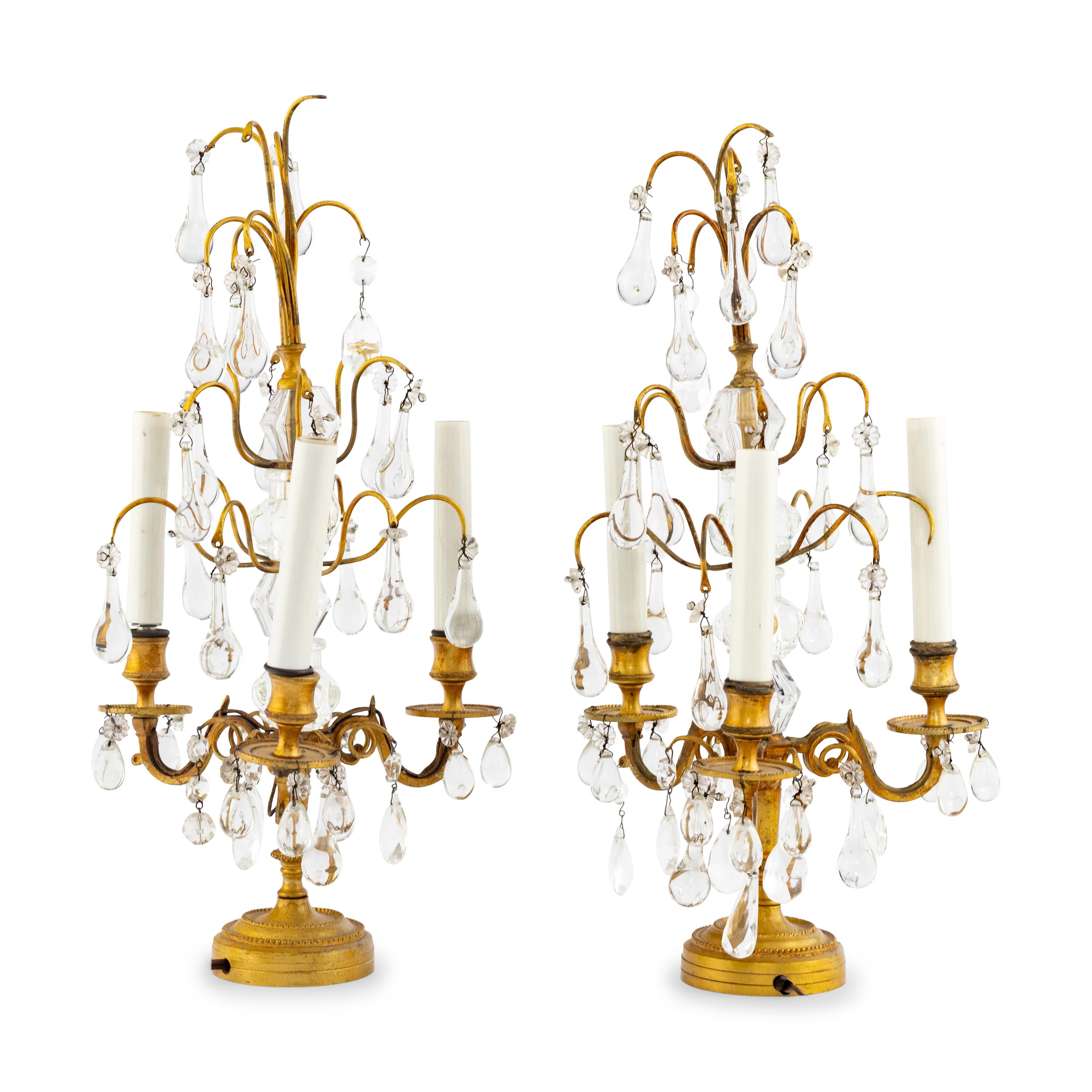 A Pair of French Gilt Metal and Cut-Glass Girandoles