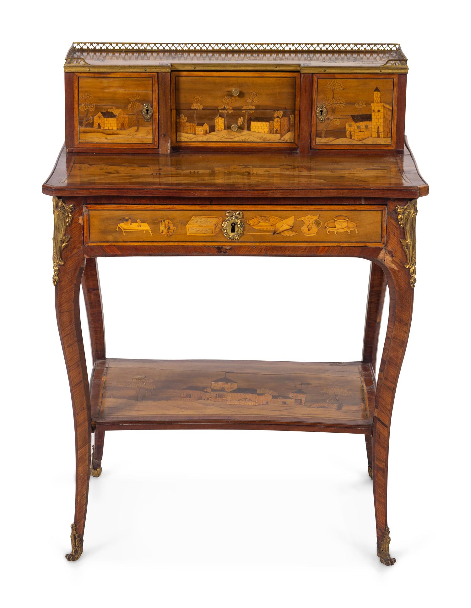 A Louis XV Style Gilt Bronze Mounted Marquetry Writing Table