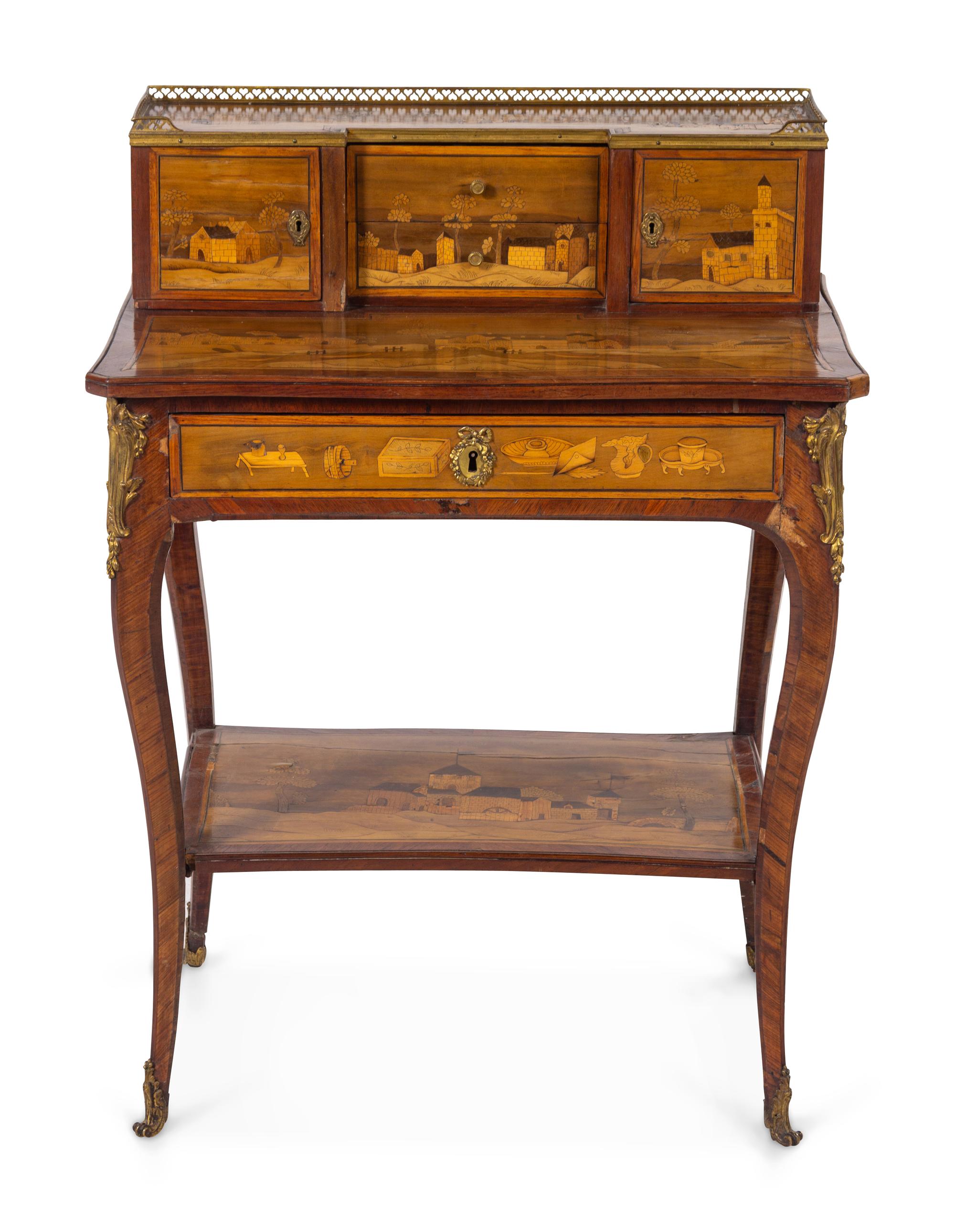 A Louis XV Style Gilt Bronze Mounted Marquetry Writing Table