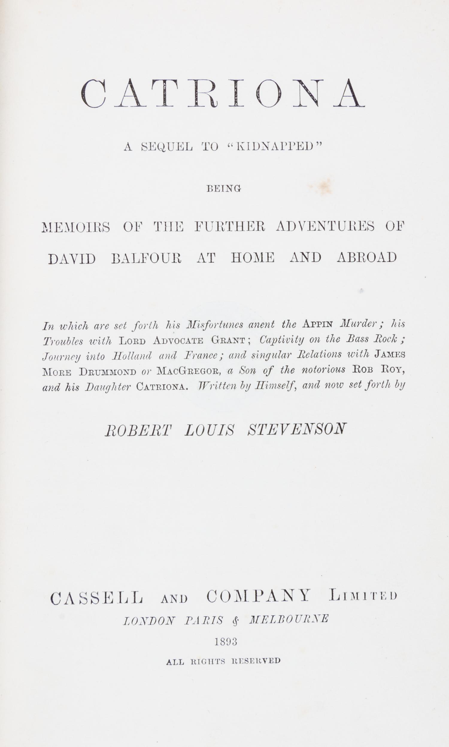 STEVENSON, ROBERT LOUIS. A set of 19 uniformly bound vols., largely first editions. London, 1879-1898. Bound by Zaehnsdorf.
