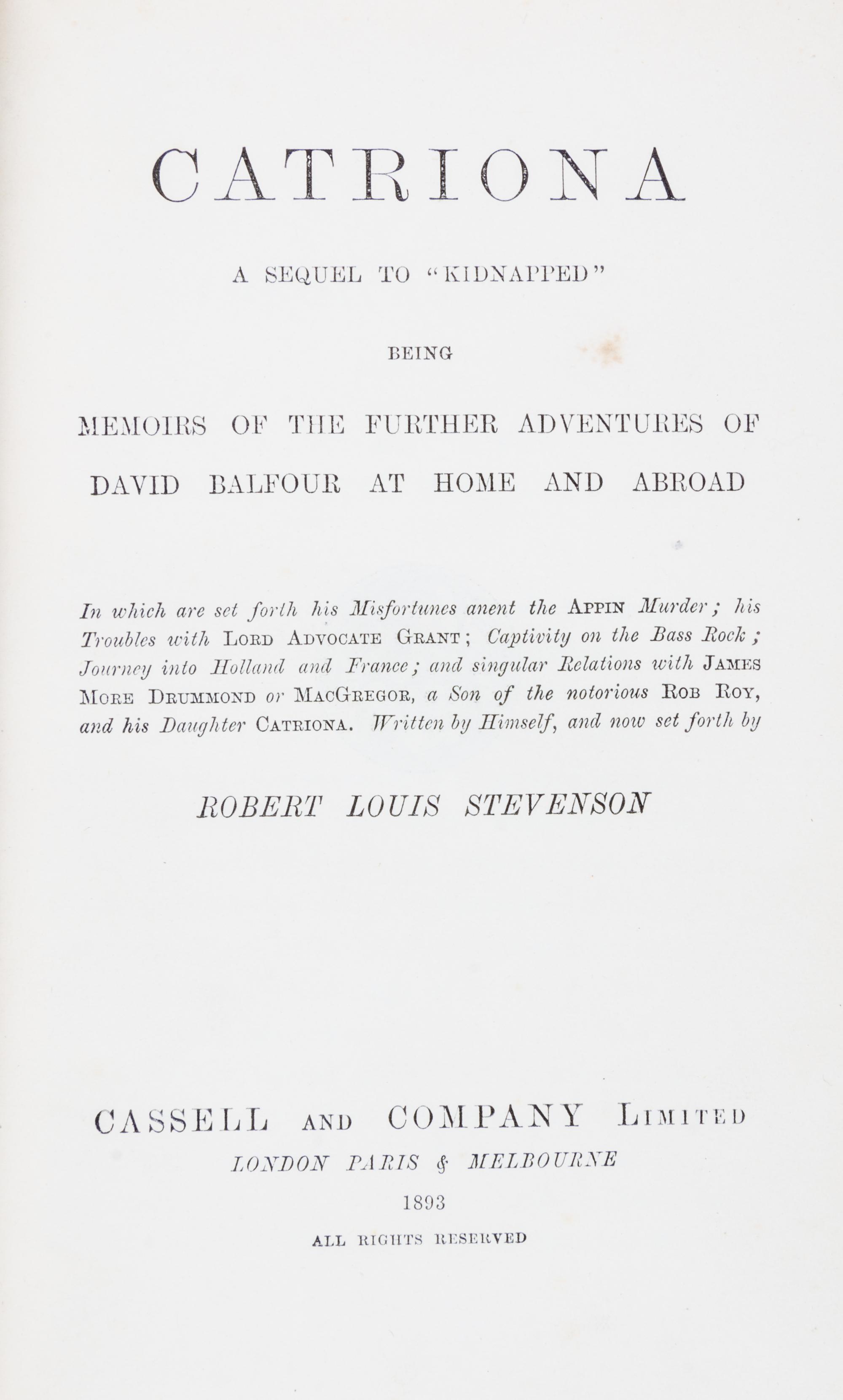 STEVENSON, ROBERT LOUIS. A set of 19 uniformly bound vols., largely first editions. London, 1879-1898. Bound by Zaehnsdorf.