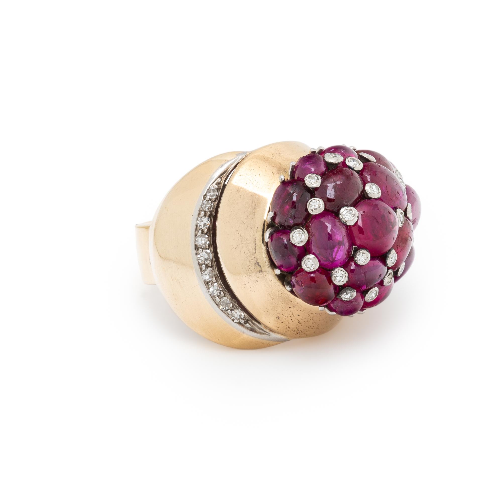 RETRO, RUBY, DIAMOND, AND YELLOW GOLD RING