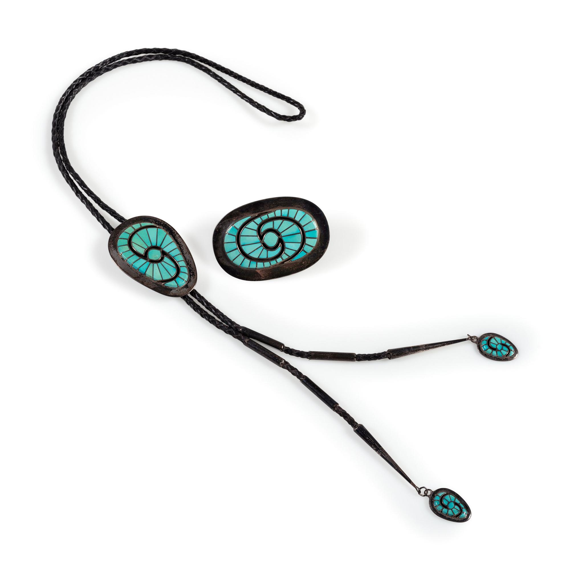 Silver and Turquoise Channel Inlay Belt Buckle and Matching Bolo Tie