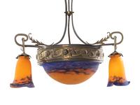 A Continental Bronze and Glass Three-Light Chandelier