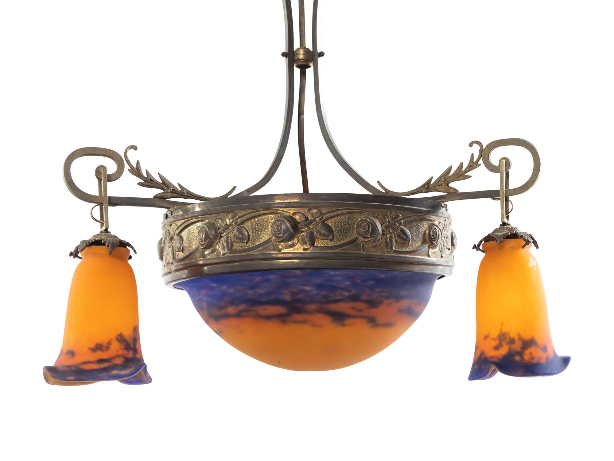 A Continental Bronze and Glass Three-Light Chandelier