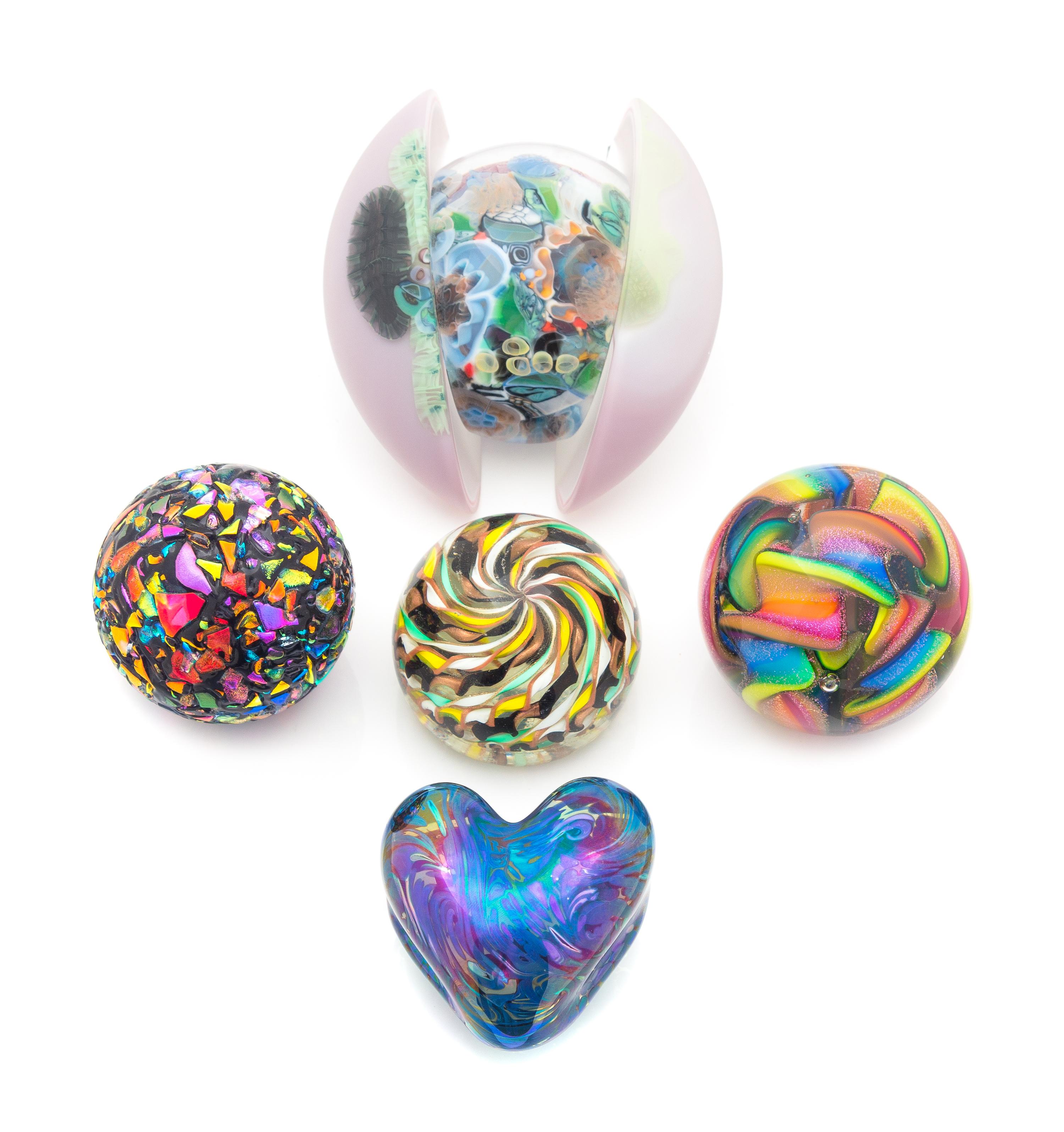 A Group of Five Modern Glass Paperweights Width of largest 6 inches
