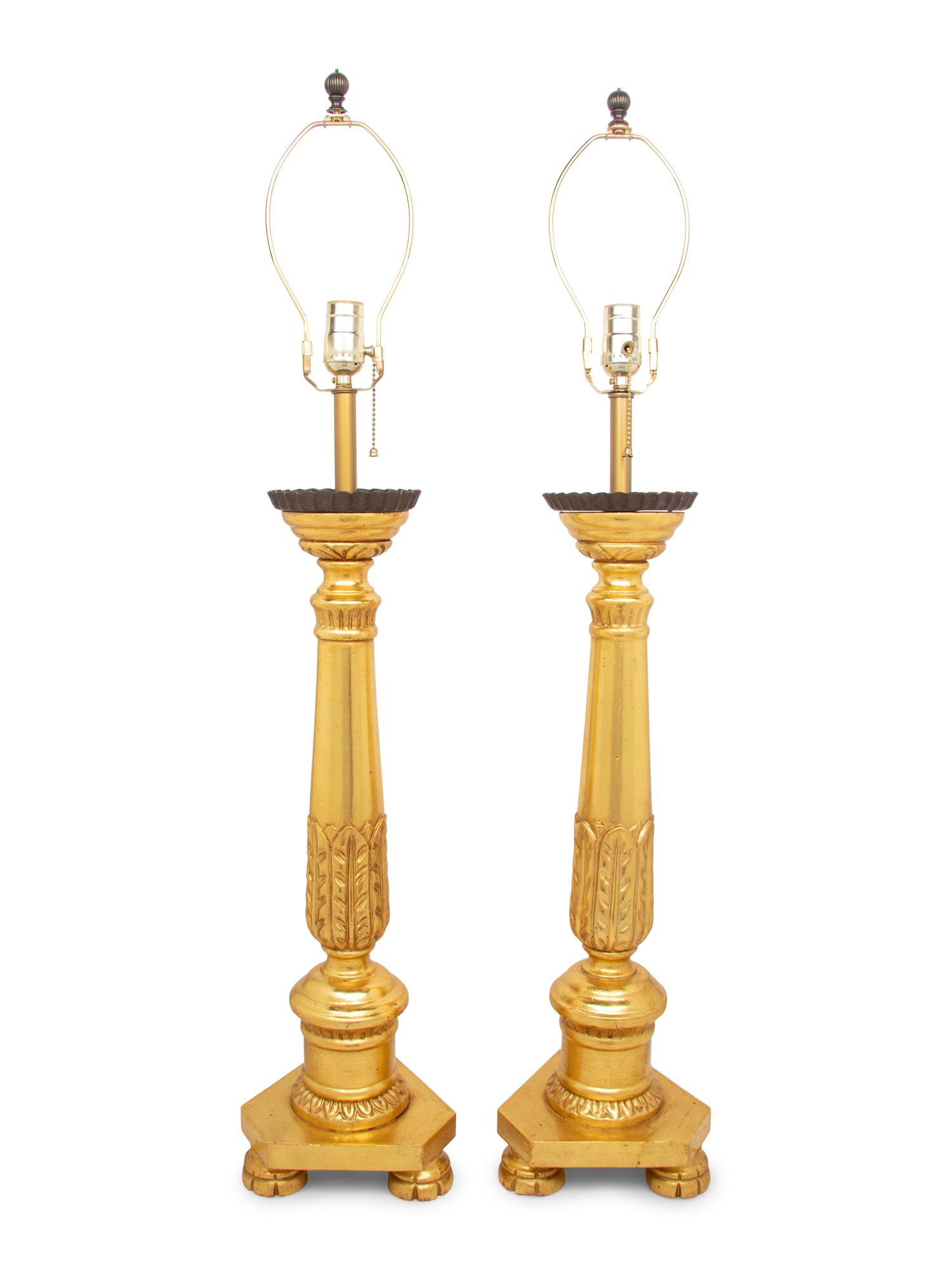 A Pair of Italian Neoclassical Style Carved Giltwood Table Lamps
