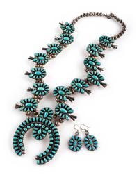 Zuni Petit Point Turquoise Cluster Squash Blossom Necklace AND Hook Earrings