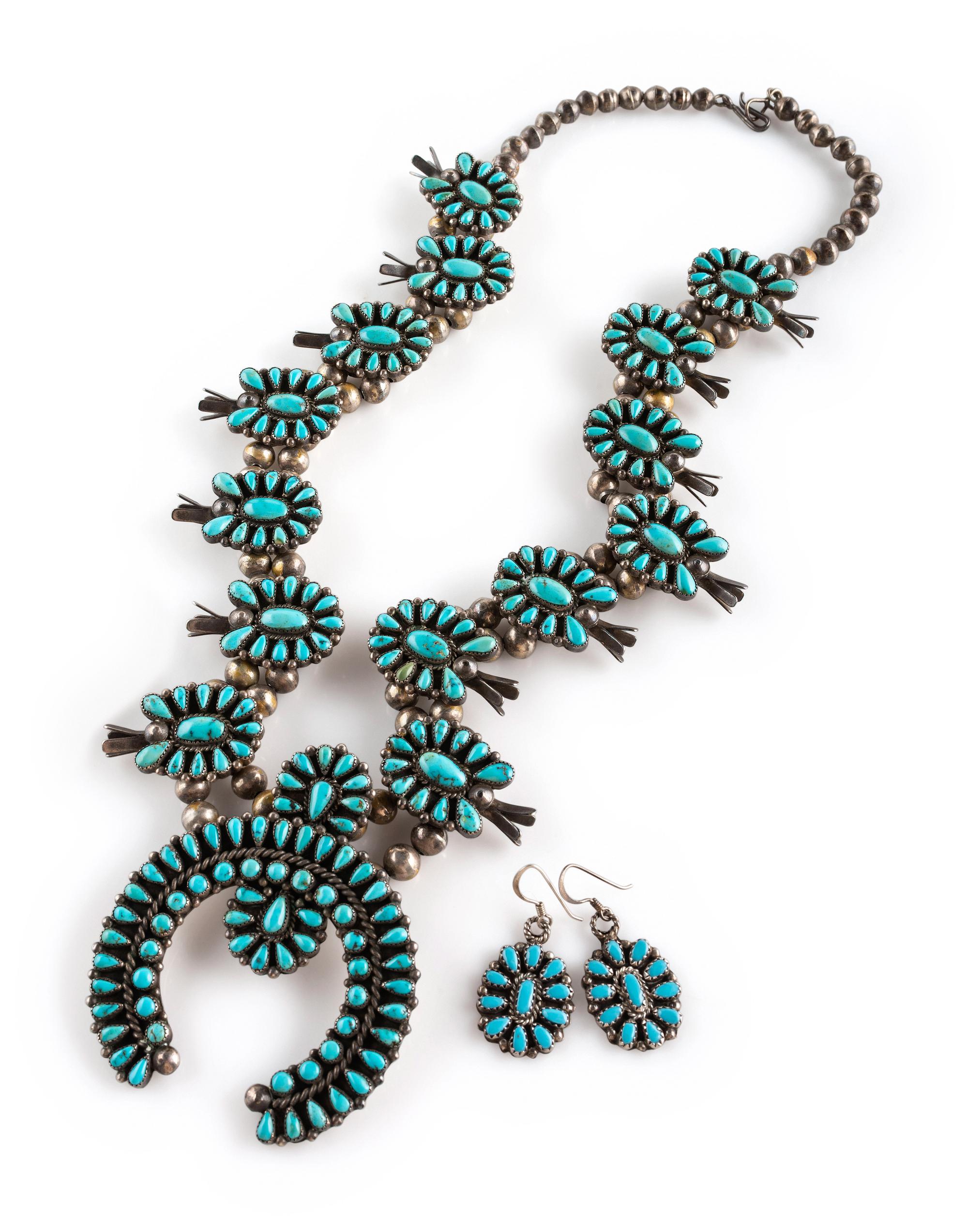Zuni Petit Point Turquoise Cluster Squash Blossom Necklace AND Hook Earrings