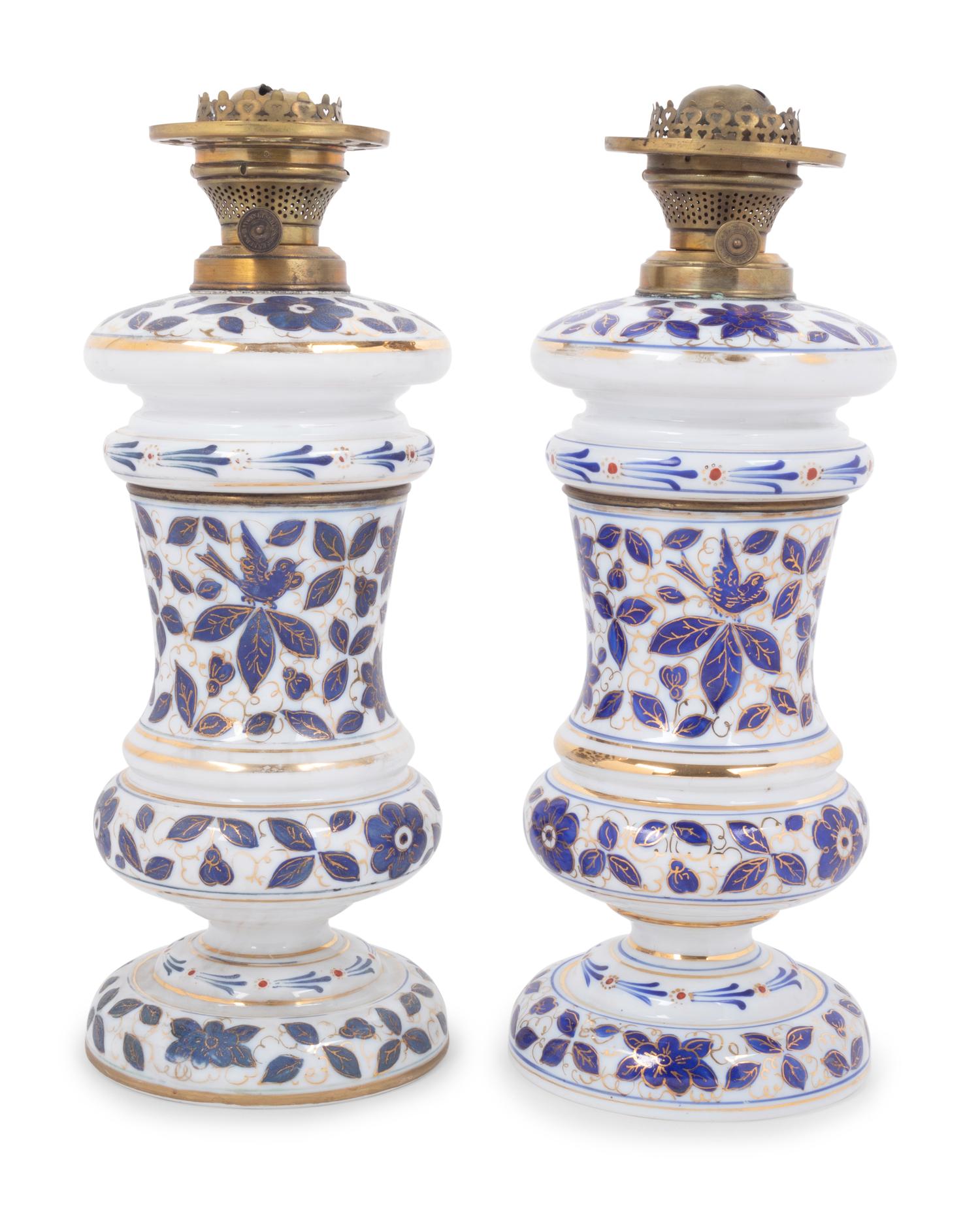 A Pair of Persian Market Opaline Glass Oil Lamps