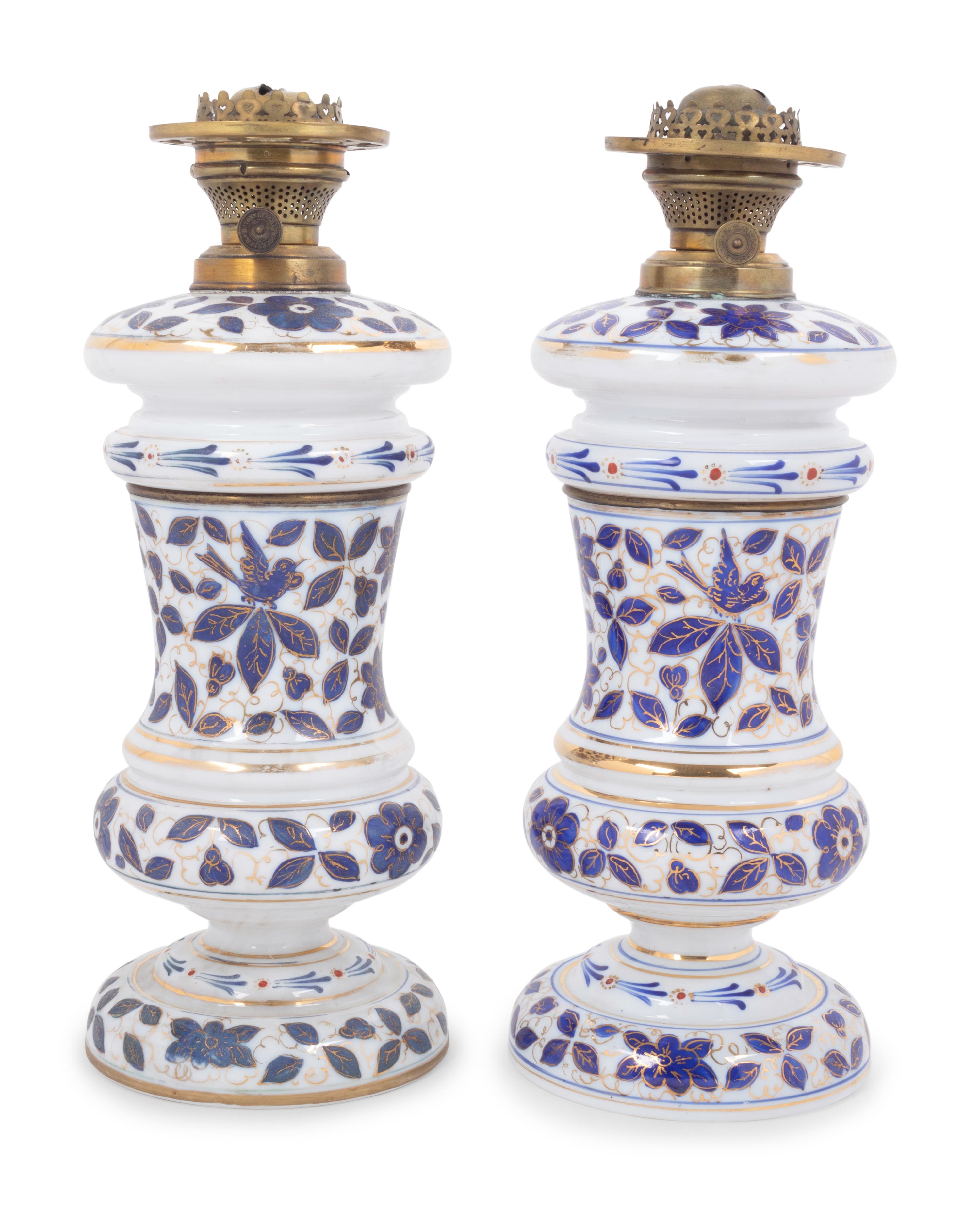 A Pair of Persian Market Opaline Glass Oil Lamps