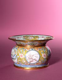 A Canton Enamel on Copper 'Quails' Spittoon