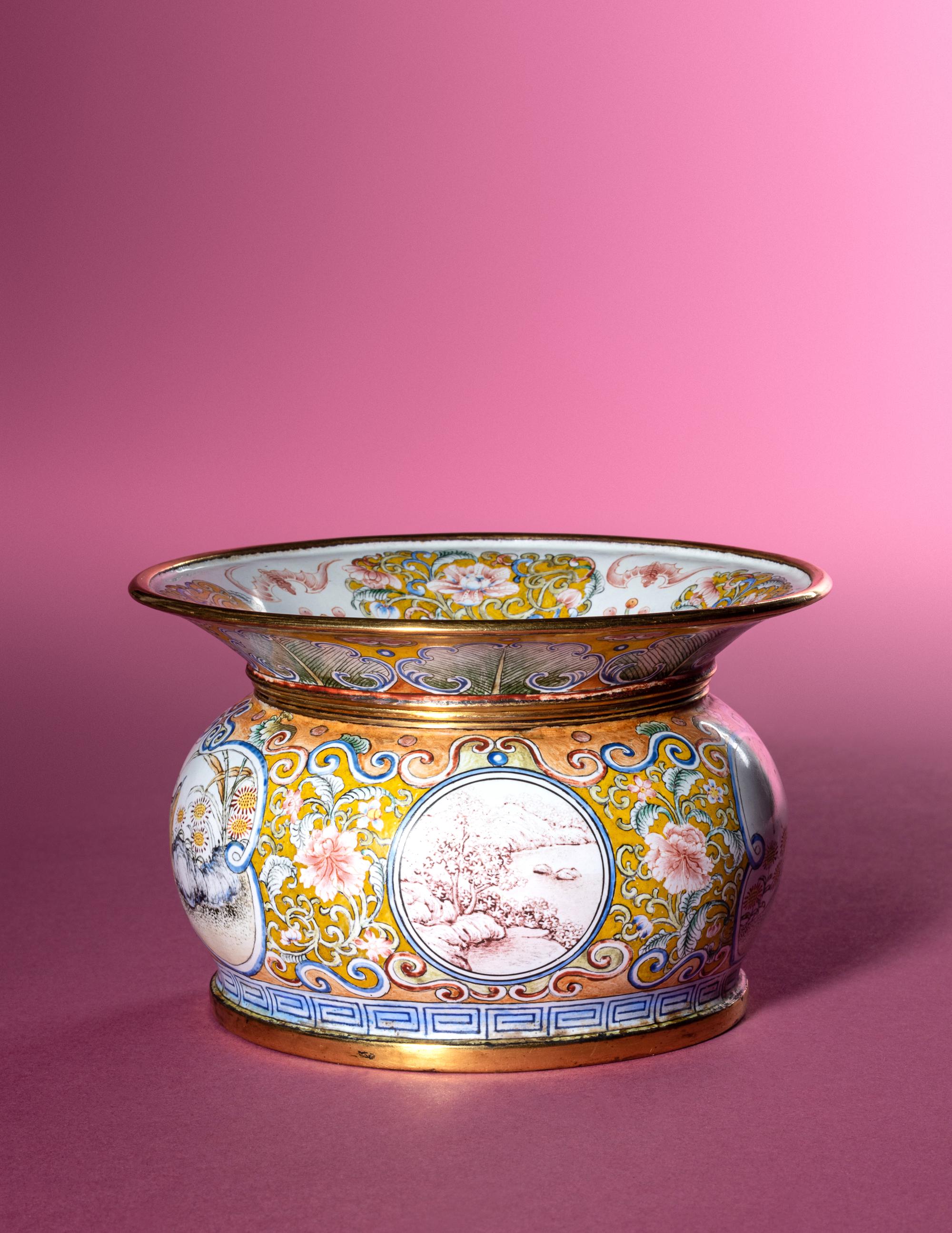 A Canton Enamel on Copper 'Quails' Spittoon