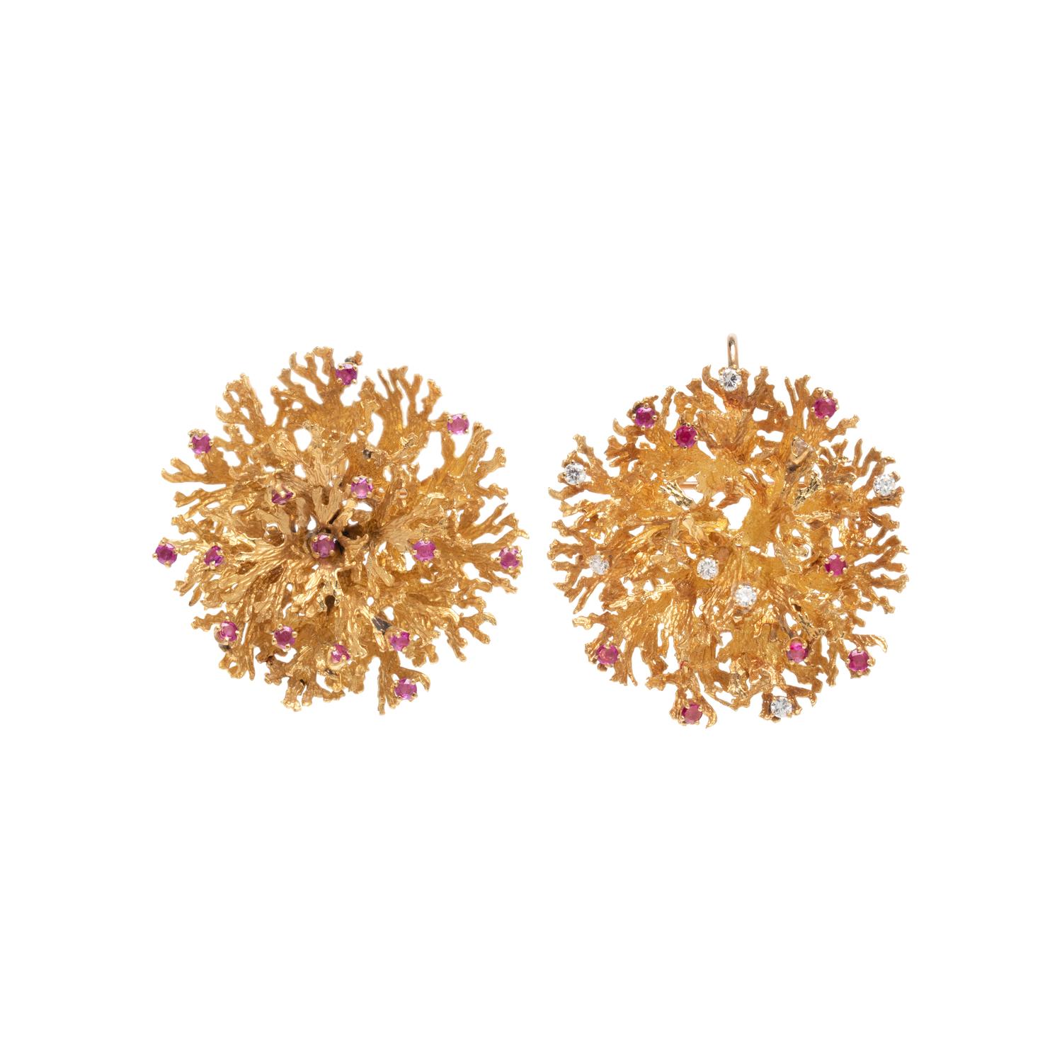 TIFFANY & CO., TWO YELLOW GOLD CORAL REEF BROOCHES