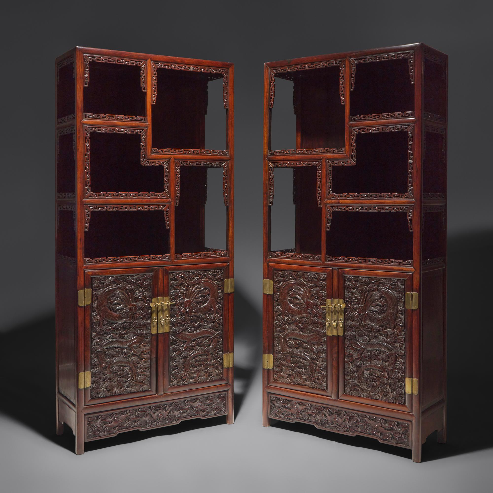 A Pair of Carved Hongmu "Dragons" Display Cabinets 紅木龍紋多宝格一對