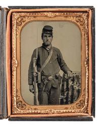 [CIVIL WAR]. Quarter plate tintype portrait attributed as David Kiplinger, Co. K, 102nd Ohio Infantry Regiment, accompanied by ladder badge, CDV, and RPPC.
