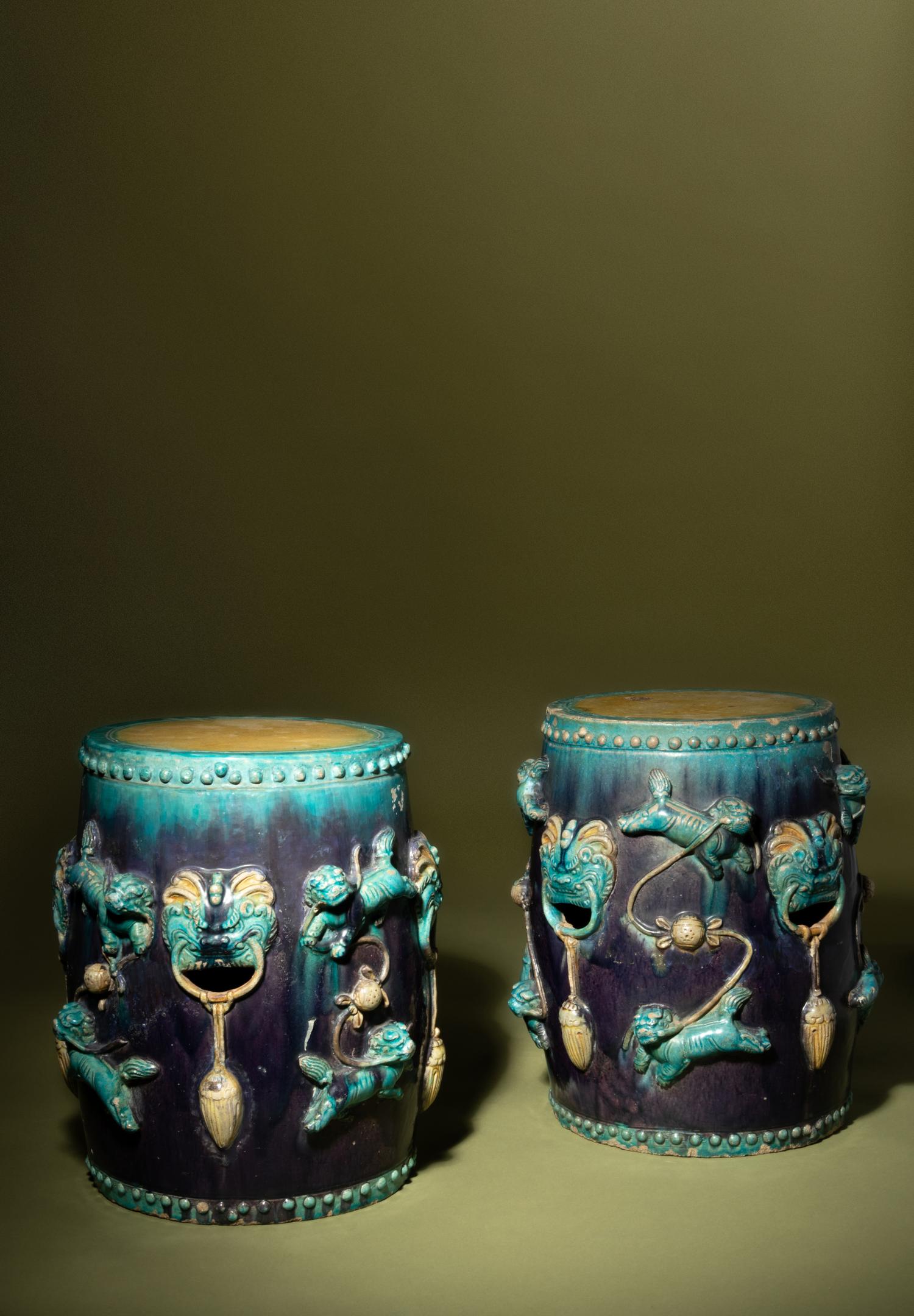 A Pair of Unusual Fahua Barrel-Form Garden Seats