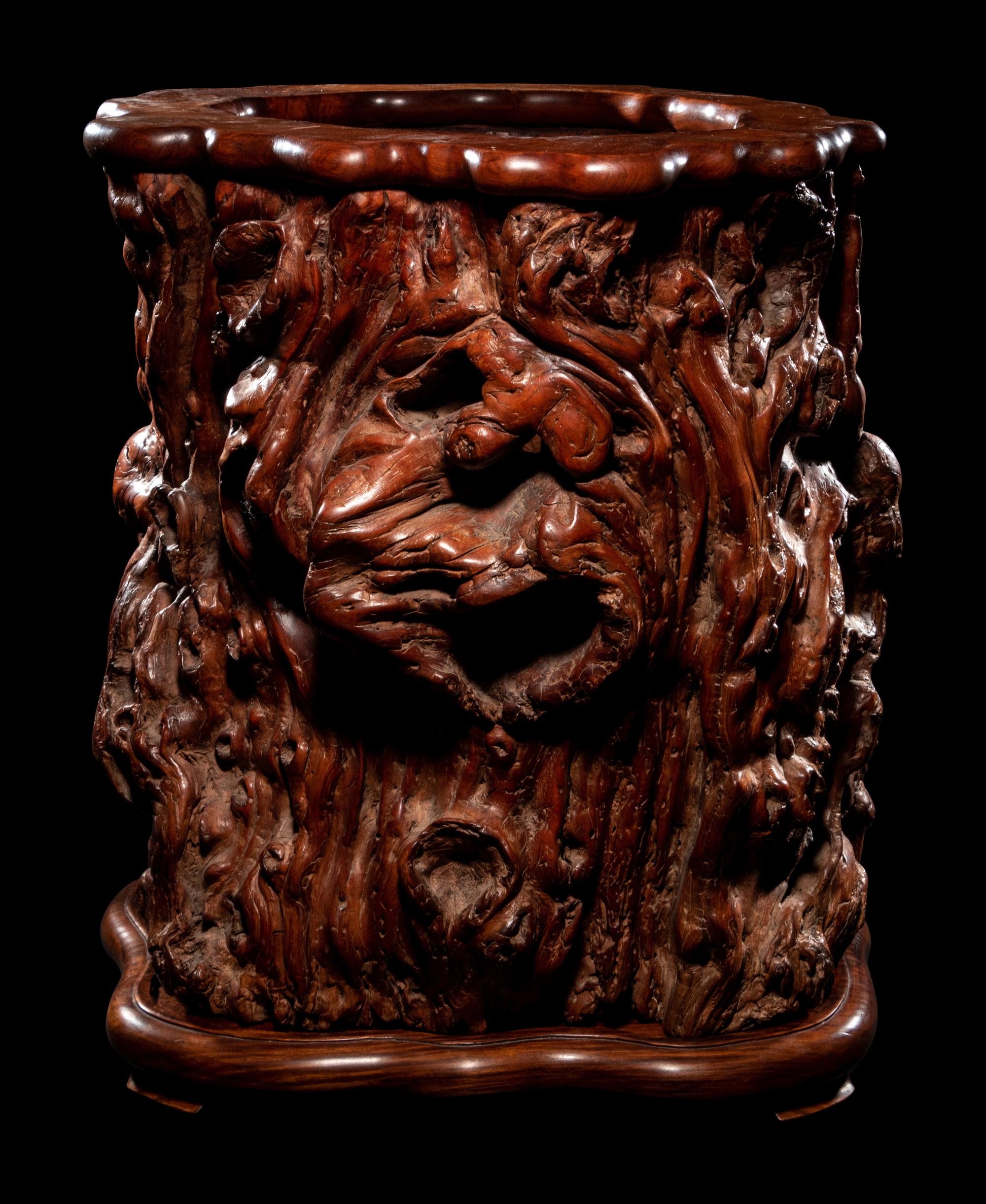 A Large Burlwood and Huanghuali Scroll Pot
