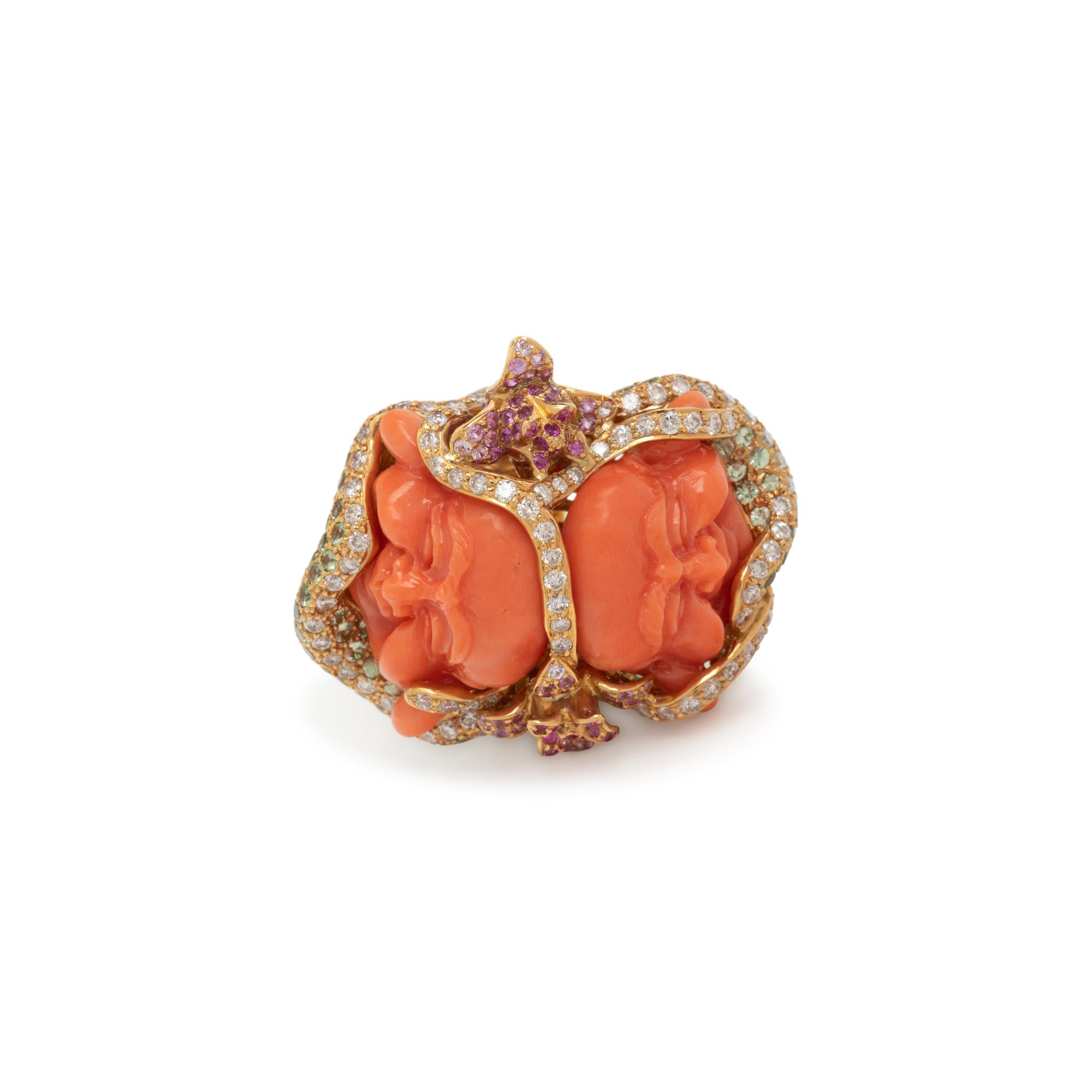 CARVED CORAL AND MULTIGEM RING