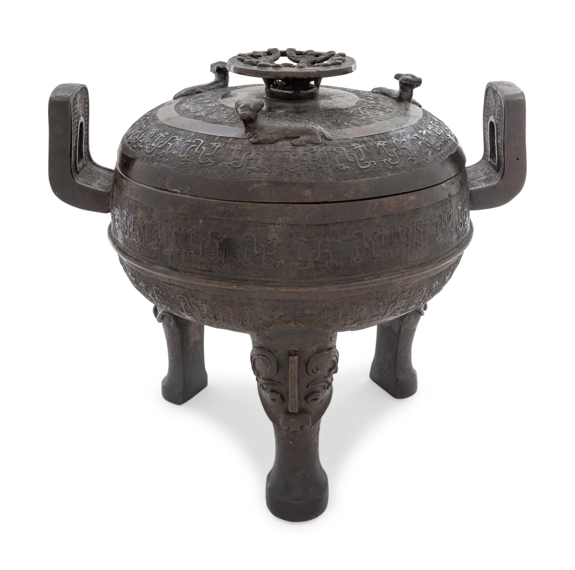 A Rare Archaistic Bronze Ritual Tripod Vessel and Cover, Ding