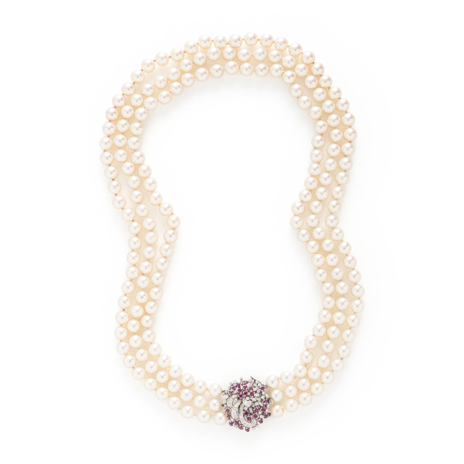 CULTURED PEARL, RUBY, DIAMOND, AND WHITE GOLD NECKLACE
