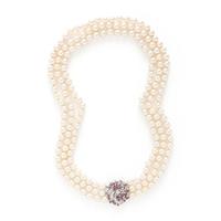CULTURED PEARL, RUBY, DIAMOND, AND WHITE GOLD NECKLACE