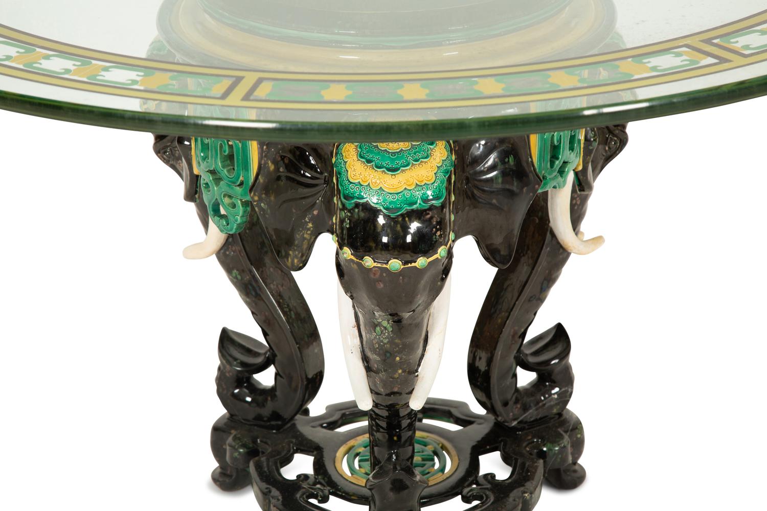 A Glazed Ceramic Elephant Base Table with Painted Glass Top — 20th Century