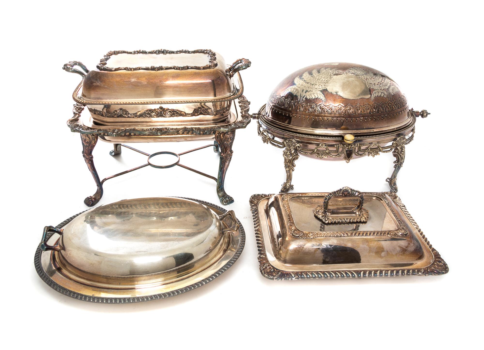 Five Silver-Plate Covered Entree Dishes and Covers Width of first 13 1/2 inches.