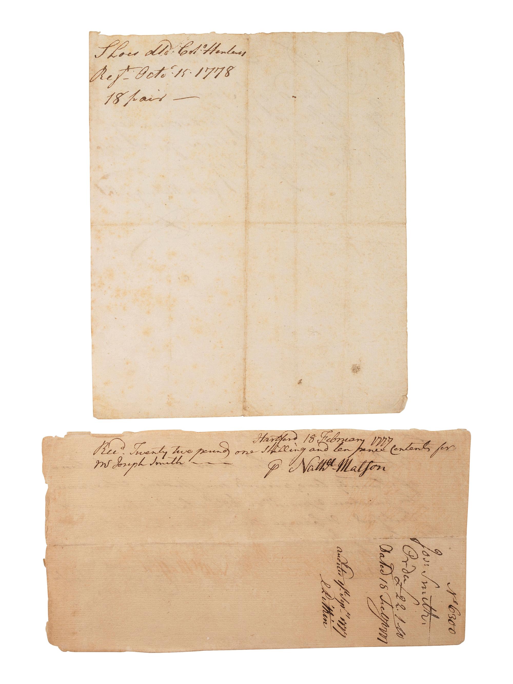 [REVOLUTIONARY WAR]. A group of 2 war-date receipts for supplies, comprising: