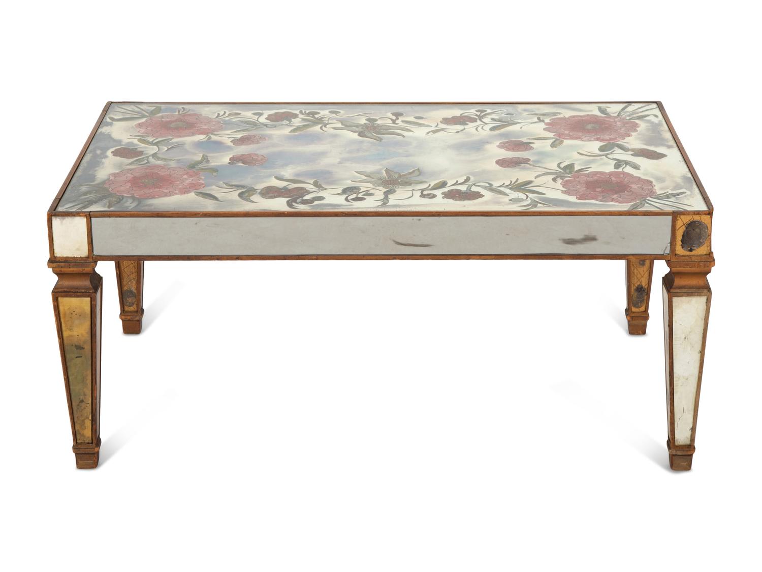 An Eglomisé Mirrored Coffee Table with Floral Decoration