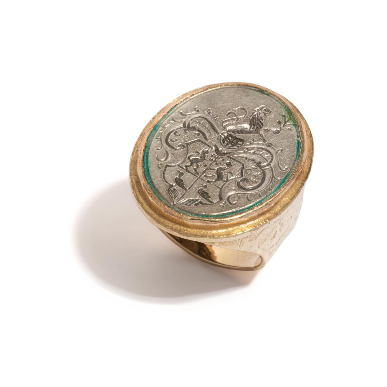 ED WIENER, YELLOW GOLD AND SILVER SIGNET RING