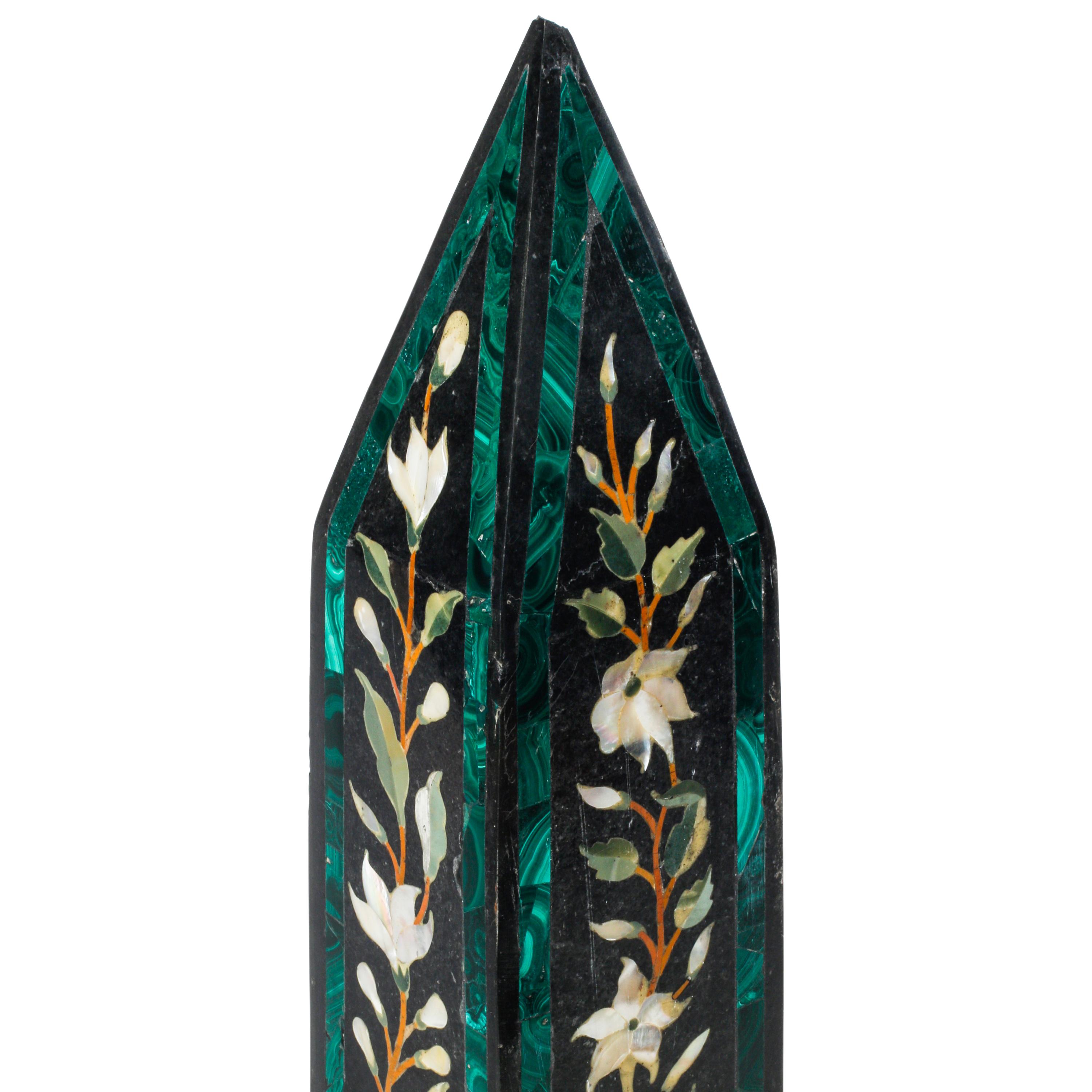 A Pair of Large Pietra Dura, Black Marble and Malachite Obelisks